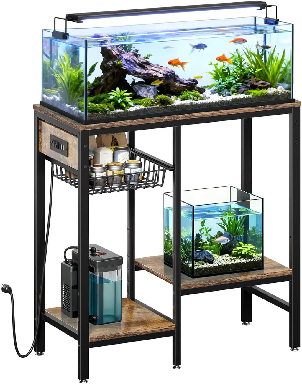 Livofloral 20 Gallon Fish Tank Stand with Power Outlet, Metal Aquarium Stand with Adjustable Shelves and Pull Out Wire Tray, Ample Storage for Fish Tanks Accessories, Reptile Tank Stands, Brown