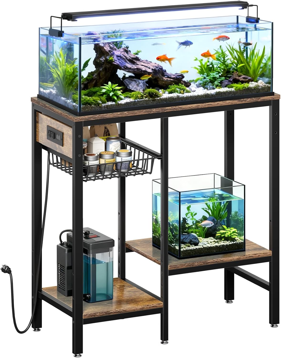 Livofloral 20 Gallon Fish Tank Stand with Power Outlet, Metal Aquarium Stand with Adjustable Shelves and Pull Out Wire Tray, Ample Storage for Fish Tanks Accessories, Reptile Tank Stands, Brown