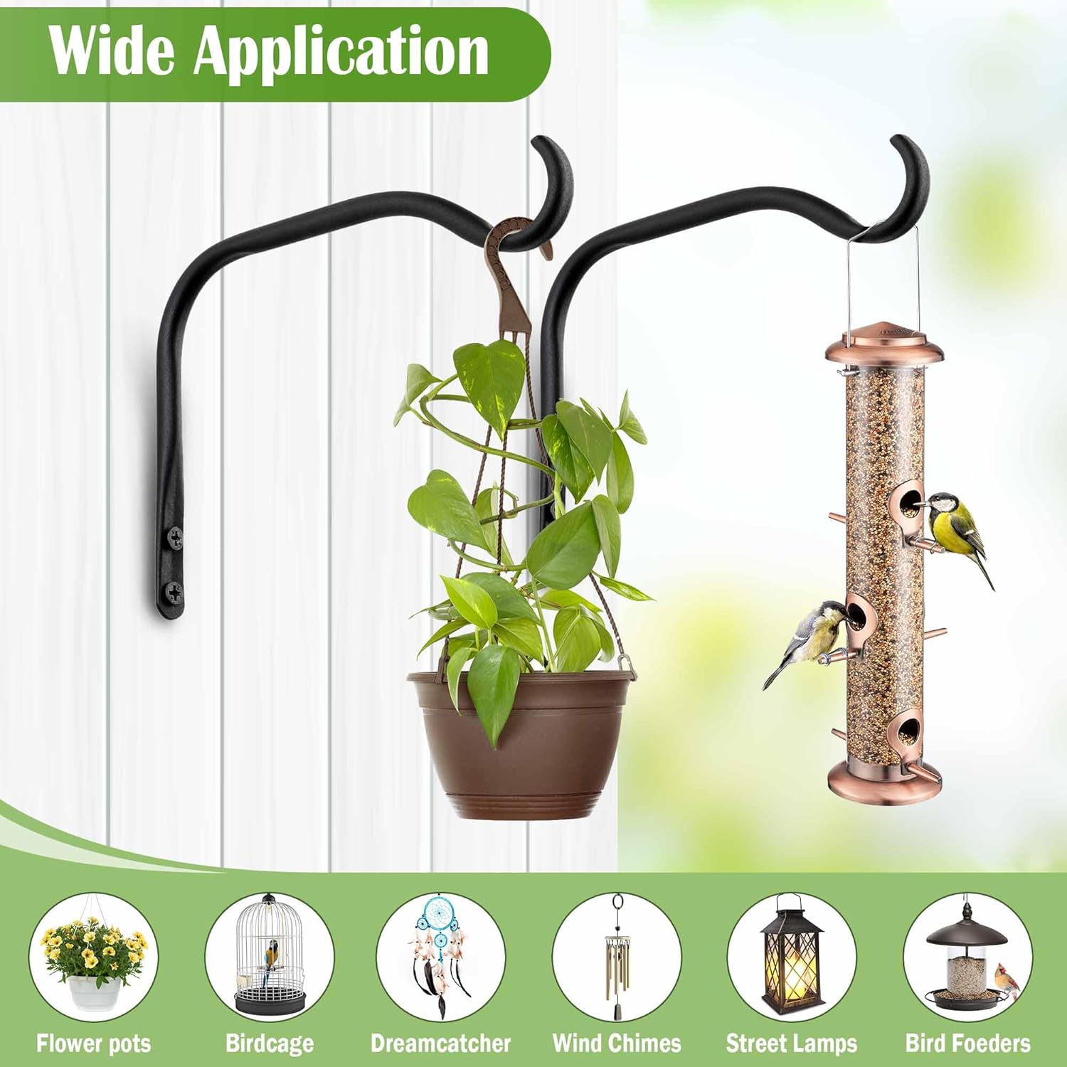 Durable Plant Hangers Brackets: 2 Pack 12 Inch Outdoor Metal Hanging Plant Brackets - Rustproof Wall Hooks for Hanging Flower Basket Bird Feeders Wind Chimes and Lanterns