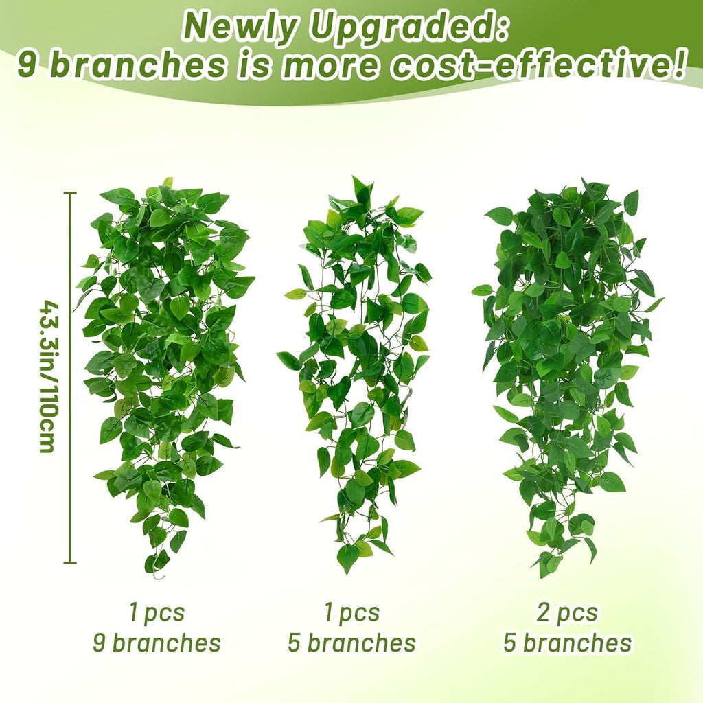 BLEUM CADE 4Pcs Fake Hanging Plants, 9 Branch Artificial Hanging Plant, Lush Faux Pothos Vines for Home Room Wall Shelf Porch Outdoor Indoor Decor (No Baskets)