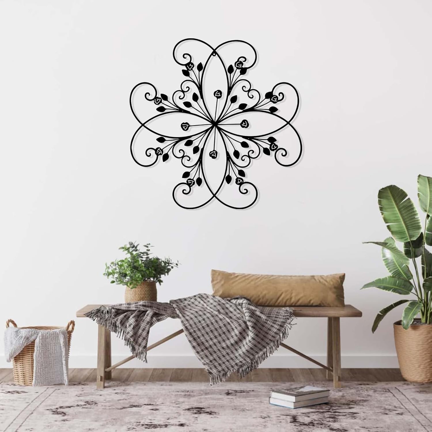 Metal Flowers Wall Decor, Metal Leaf Wall Decor, Metal Scroll Wall Decor, Floral Wall Decor, Wrought Iron Scroll Wall Decor, Minimalist Wall Art, Wall Decor for Bedroom (White, 30"×30" | 76×75cm)