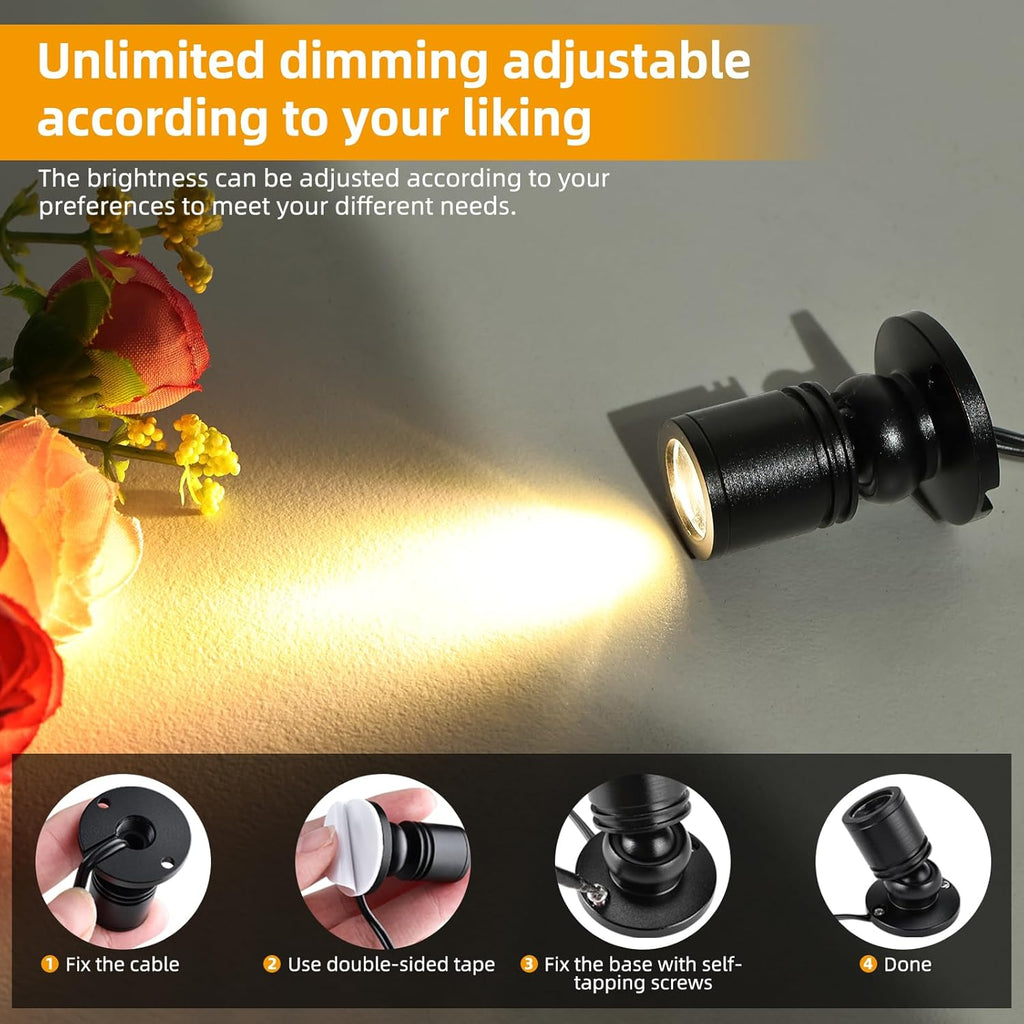 YaeCCC Dimmable LED Mini Spotlight Jewelry Showcase Display Lights Black Shell Surface Mount (Pack-6,Warm White 3000k)
