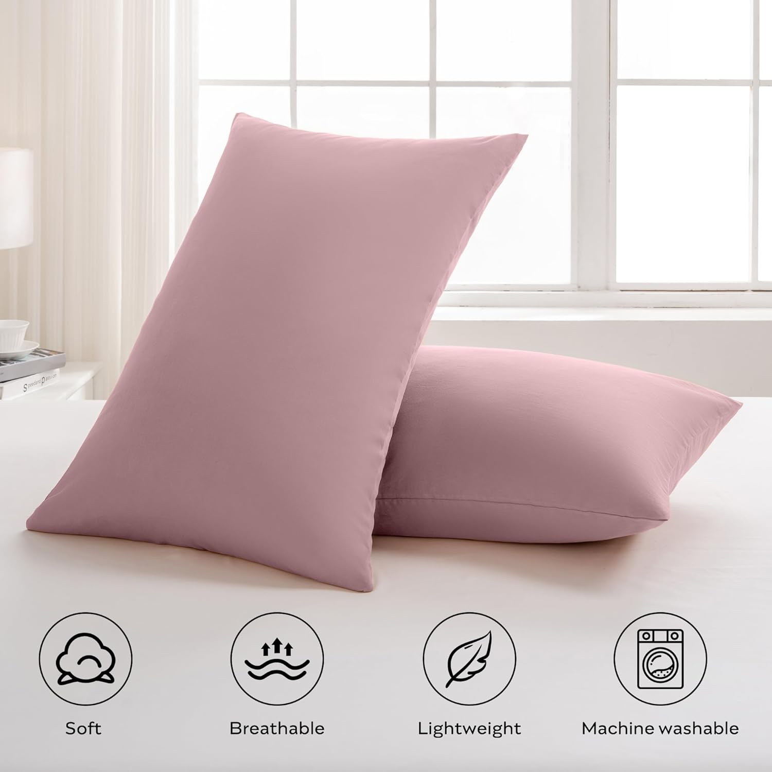 JELLYMONI Pillowcases Standard Set of 2 Cotton Envelope Pillow Covers Pink 20×26in Bed Pillow Cases 100% Washed Cotton Soft Breathable (Pillows are not Included)