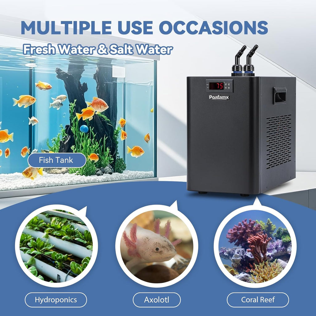 Poafamx 42gal Aquarium Chiller 1/10 HP Water Chiller Hydroponics Cooler 160L Fish Tank Cooling System with Quiet Compressor Refrigeration for Saltwater Freshwater Axolotl Coral Jellyfish