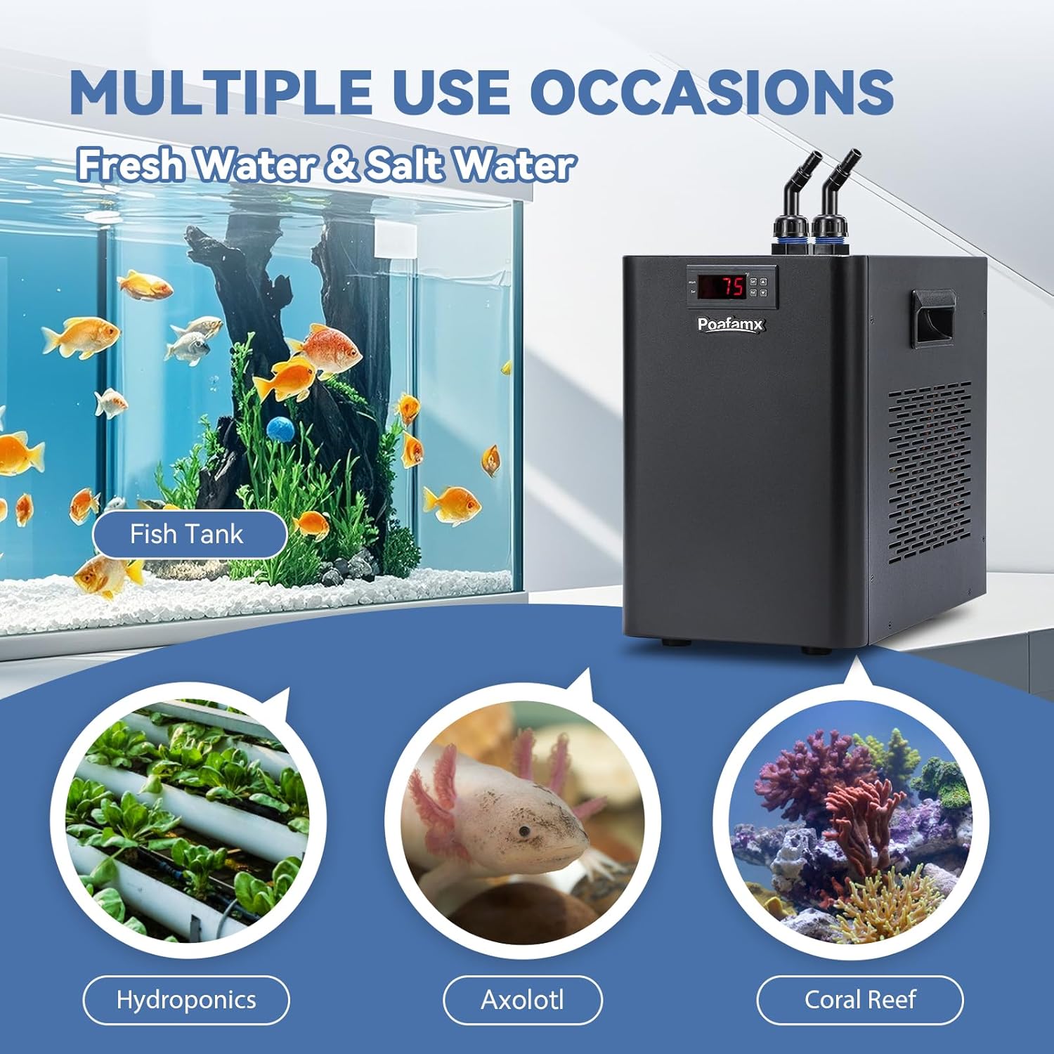 Poafamx 42gal Aquarium Chiller 1/10 HP Water Chiller Hydroponics Cooler 160L Fish Tank Cooling System with Quiet Compressor Refrigeration for Saltwater Freshwater Axolotl Coral Jellyfish