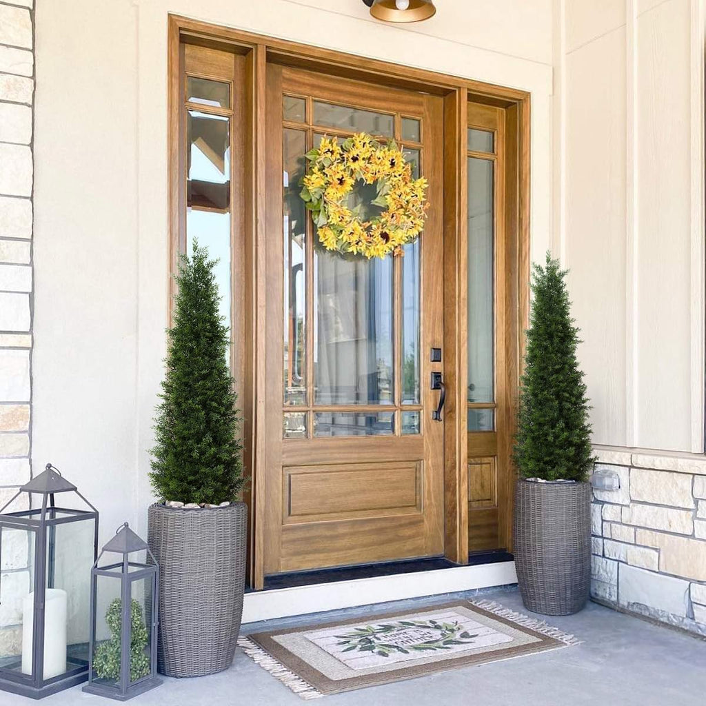 LOMANTO Outdoor Artificial Topiary Cedar Tree 4Ft UV Rated Potted Plants 2Pack Fake Tree for Porch Decor Faux Pine Plant for Perfect Housewarming Gift