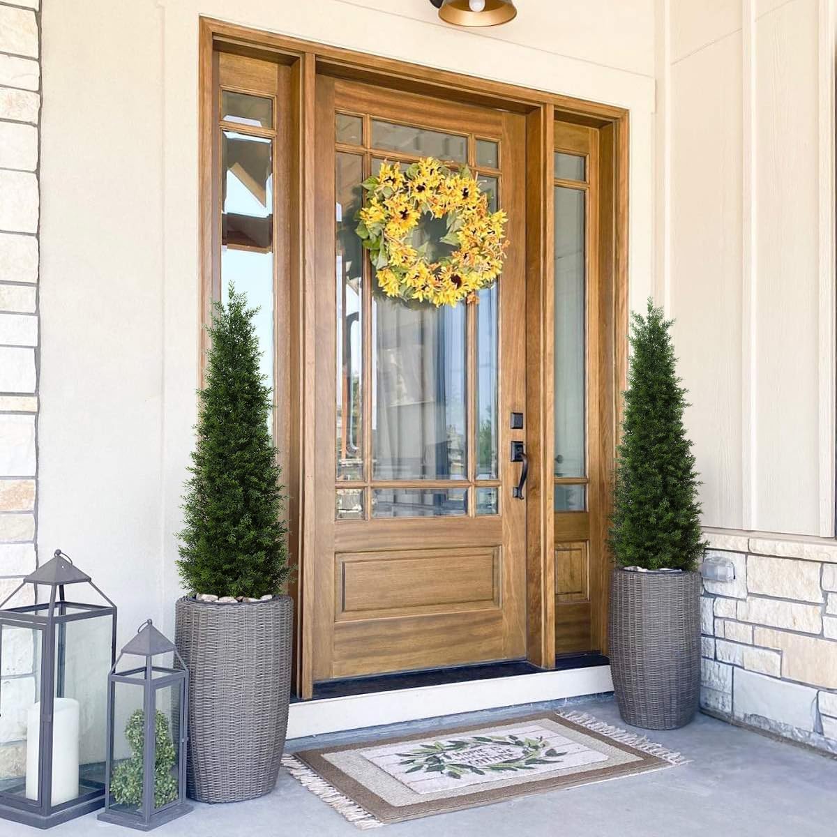 LOMANTO Outdoor Artificial Topiary Cedar Tree 4Ft UV Rated Potted Plants 2Pack Fake Tree for Porch Decor Faux Pine Plant for Perfect Housewarming Gift