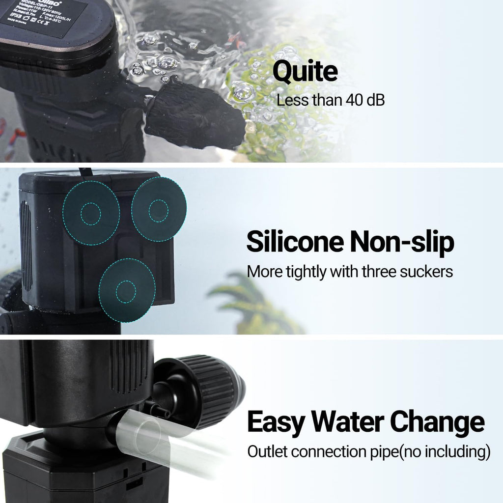 OiiBO 11W Aquarium Internal Filter, 317 GPH Fish Tank With Adjustable Aeration System, 360 Wave-Maker Submersible for 10-50 Gallon Tank - Black