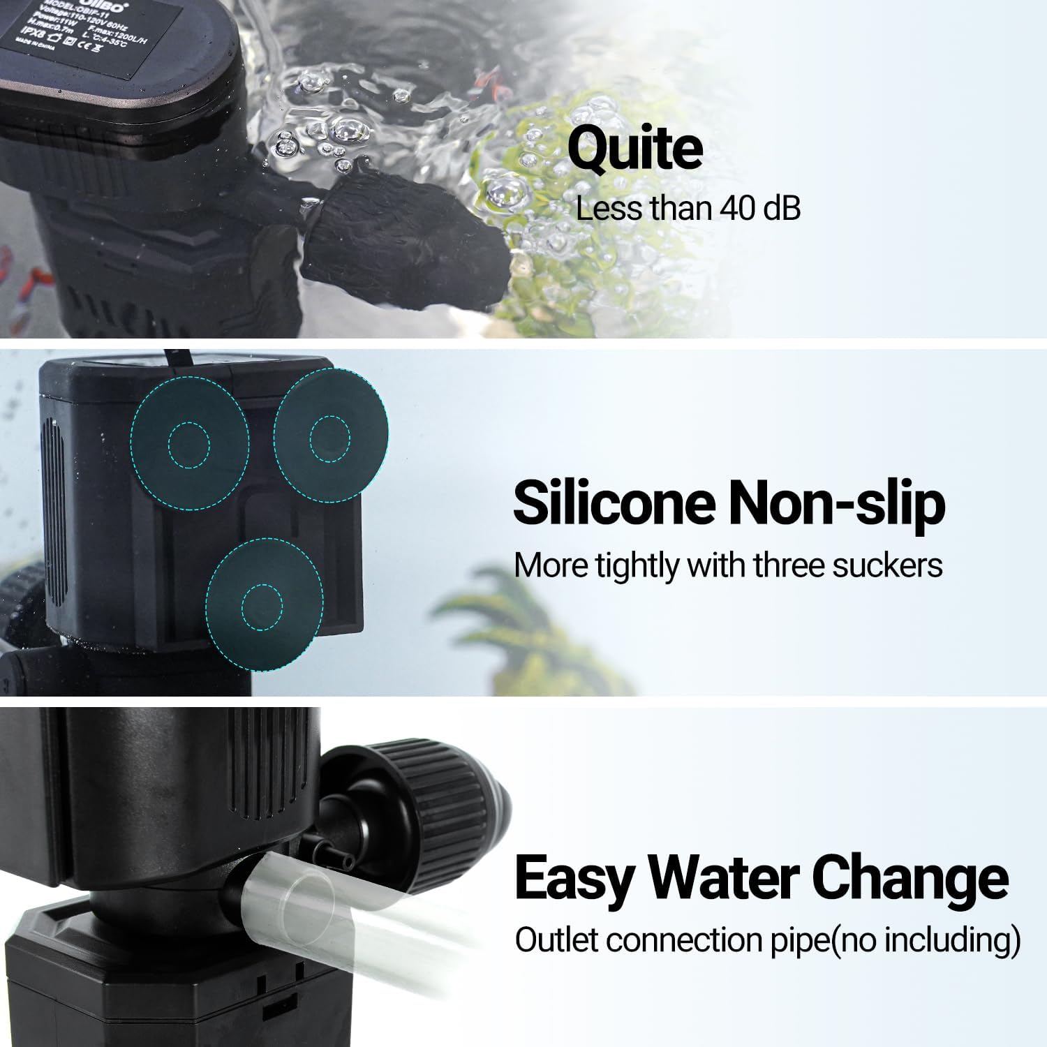OiiBO 11W Aquarium Internal Filter, 317 GPH Fish Tank With Adjustable Aeration System, 360 Wave-Maker Submersible for 10-50 Gallon Tank - Black
