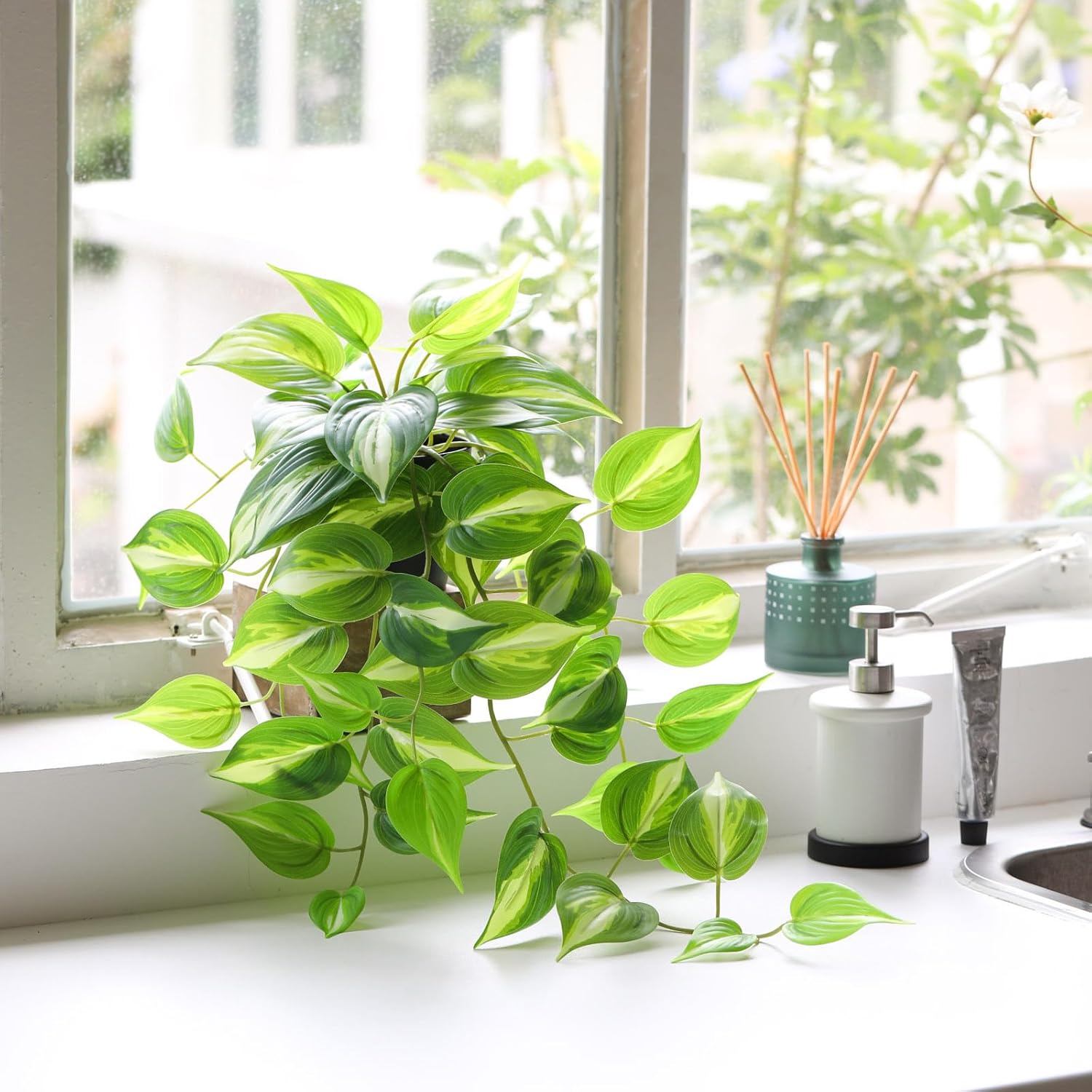 Artificial Devil's Ivy Golden Pothos Fake Plant,Hanging Potted Plants for Wall Home Patio Indoor Outdoor Decor(H 26in)