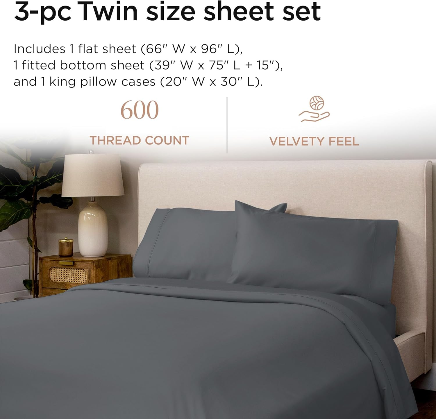 Hotel Quality Luxury 600 Thread Count 100% Cotton Twin Size Sheets, 3 Pc Sateen Weave Dark Grey Sheet Set, Premium Soft Sheets with Elasticized Deep Pocket by Threadmill