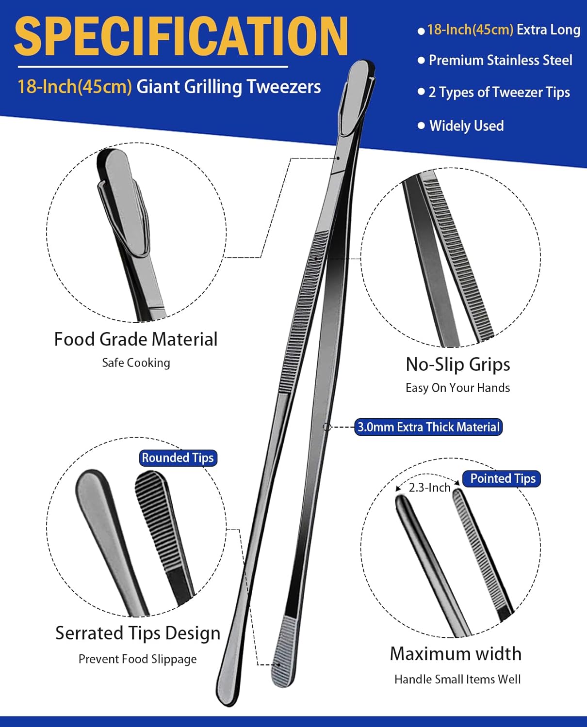 JETKONG 2 Pcs 18 Inch (45cm) Stainless Steel Grill Tongs Heavy Duty Giant Tweezer Tongs, Extra Large Tweezers Tools for Cooking, Grilling, BBQ and Turning Food (Black)