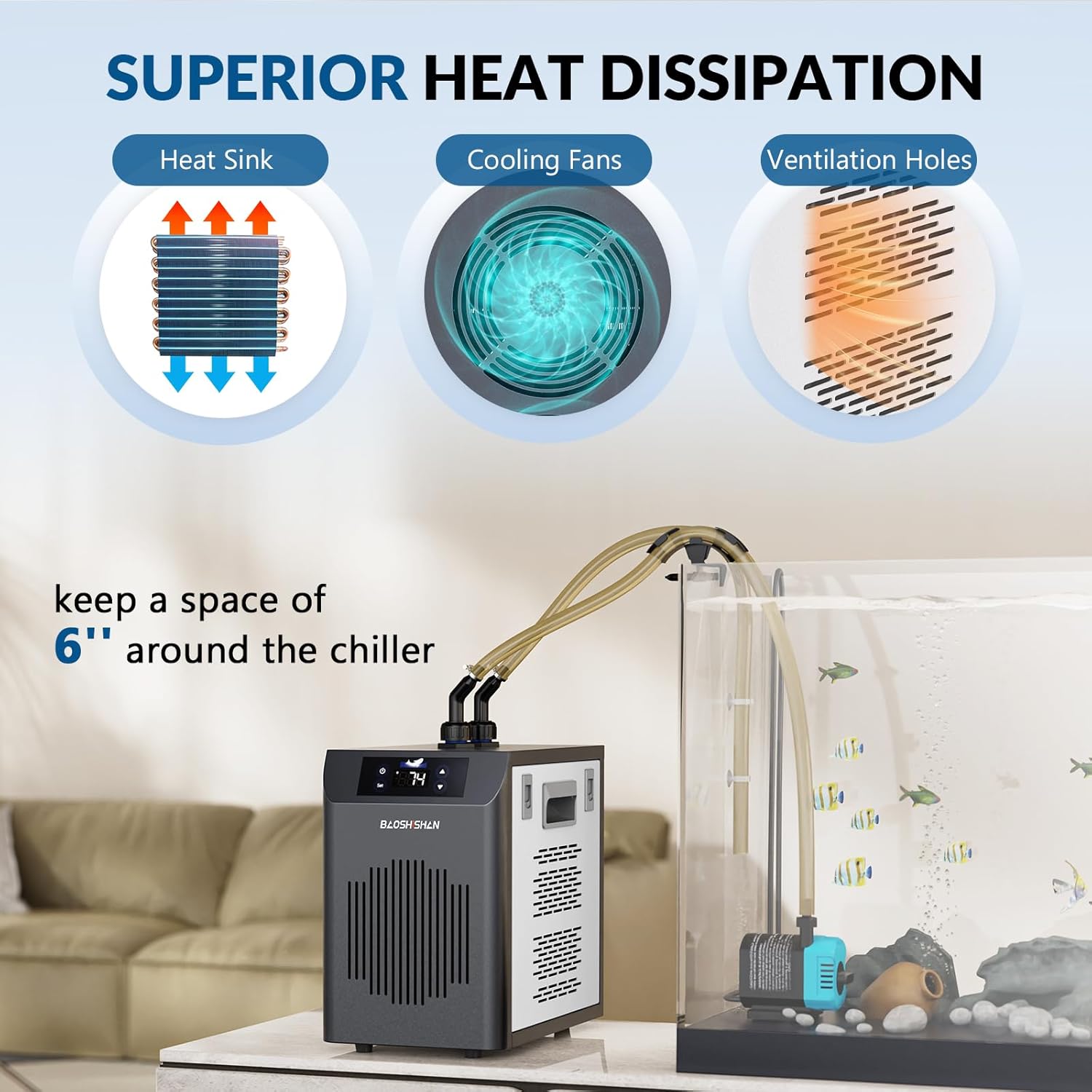BAOSHISHAN Aquarium Chiller, [2024 Upgrade] 42gal 1/10 HP Water Cooler Fish Tank, Quiet Refrigeration Compressor Touch Screen Aquarium Cooler for Hydroponics Axolotl Coral Crystal Shrimp