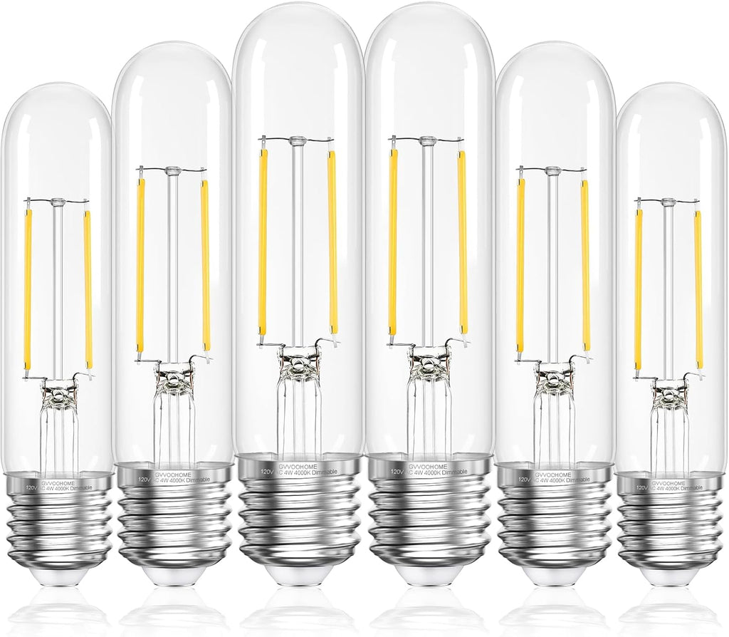 Tubular LED Edison Bulb Dimmable 4000K Neutral White, 4W, 40 watt Equivalent, E26 LED Light Bulbs, T10 Edison Bulbs for Chandeliers, Ceiling Fan, 90+CRI 400LM, 6 Pack