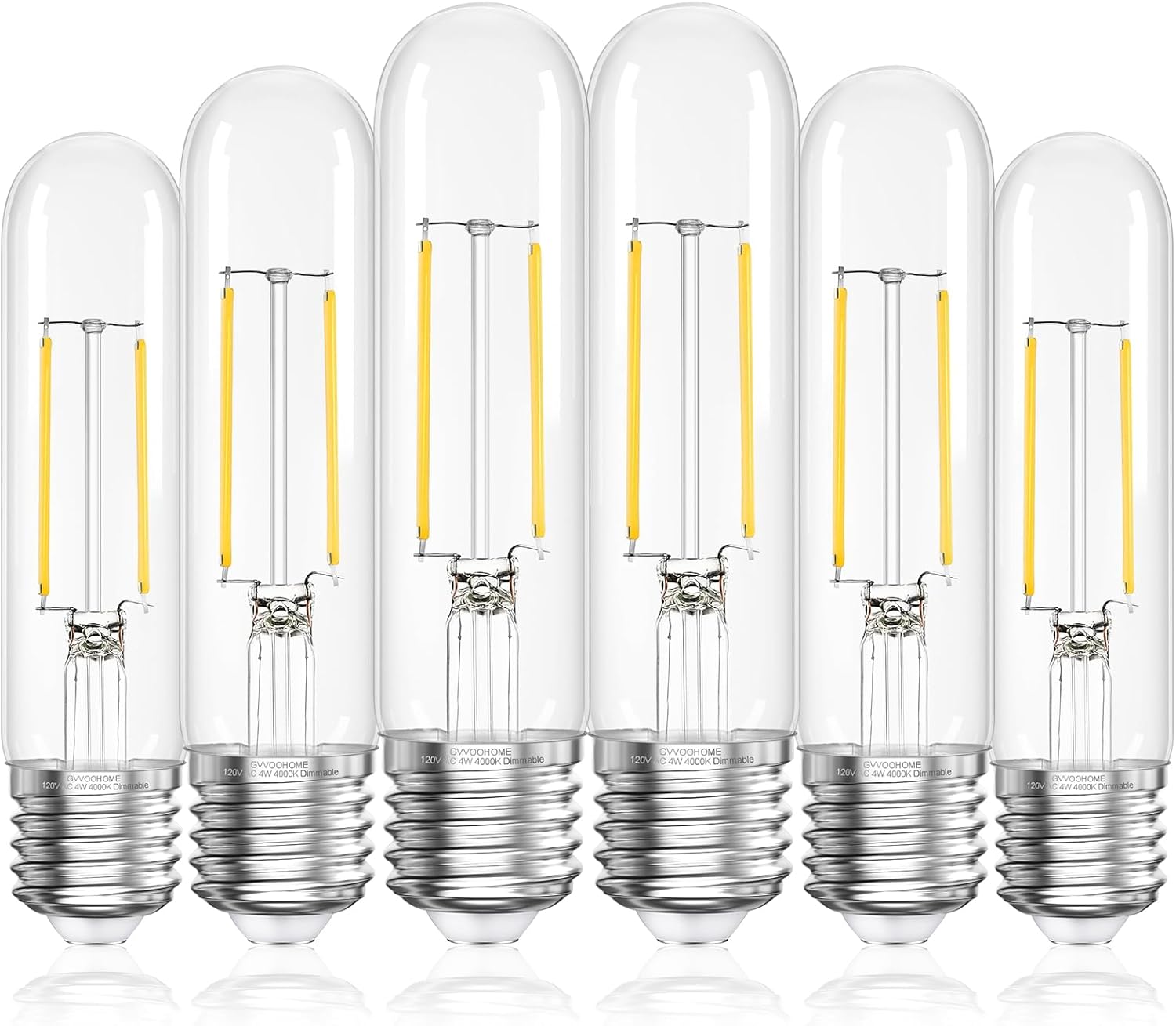 Tubular LED Edison Bulb Dimmable 4000K Neutral White, 4W, 40 watt Equivalent, E26 LED Light Bulbs, T10 Edison Bulbs for Chandeliers, Ceiling Fan, 90+CRI 400LM, 6 Pack