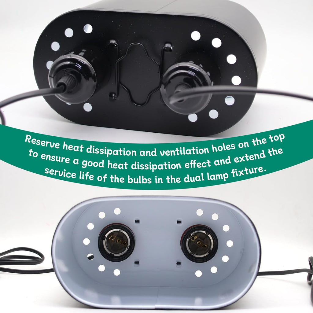 Dual Reptile Deep Dome Lamp Fixture with Temperature Adjustment,Dual Deep Cap Combo Integration Design Heat Lighting Lamp UVB Light with Independent Switches, for Reptile Snake and Tortoise