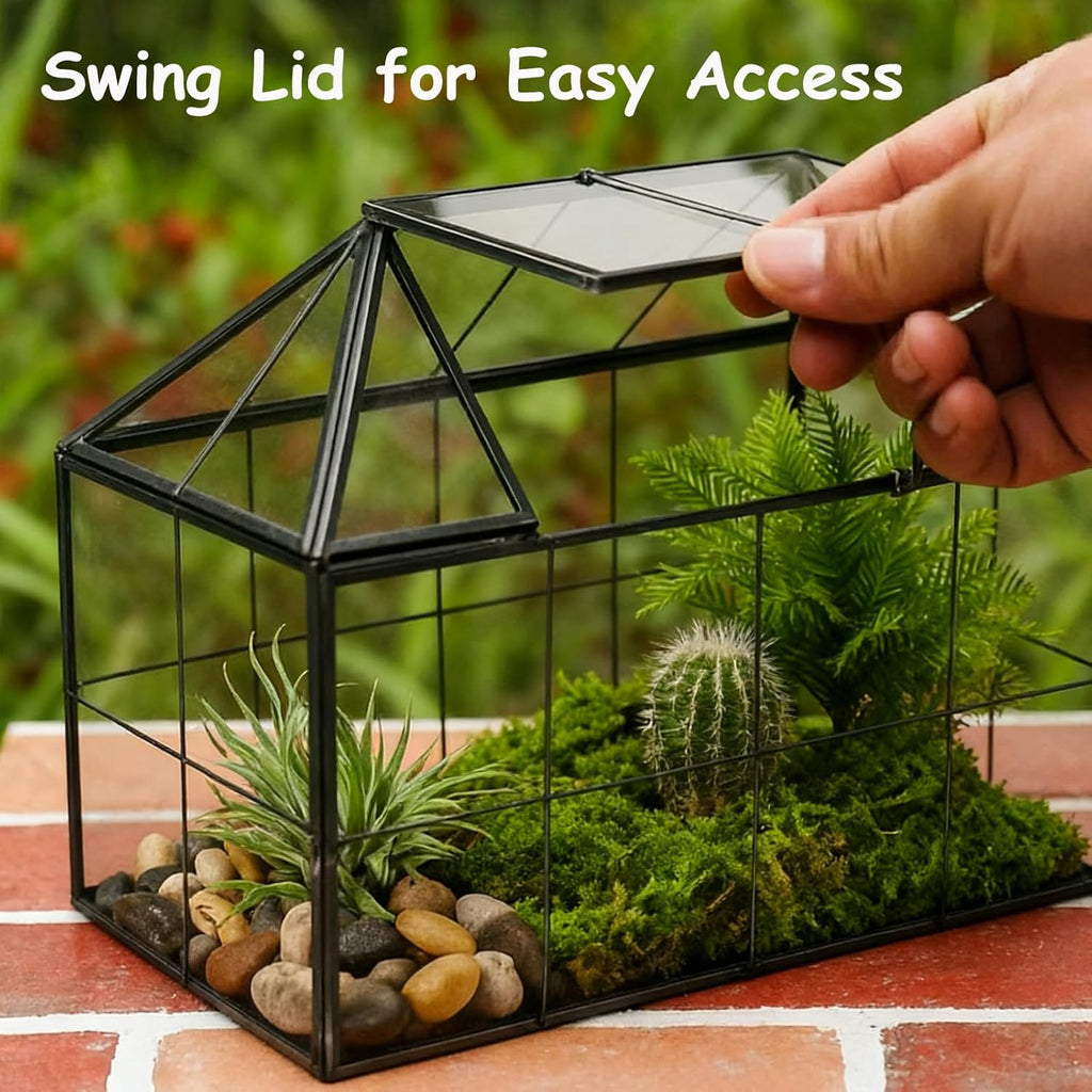 HighFree Geometric Terrarium Planter with Swing Lid, House Shape Black Handmade Glass Box, Vintage Tabletop Miniature Terrarium, for Succulent, Cacti, Air Plants (Not Watertight - 9.2x5.5x7.3 inch)