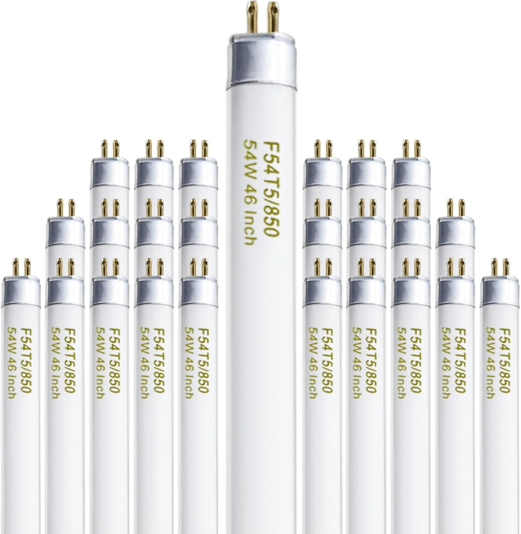 46 Inches T5 Fluorescent Bulb 54W, F54T5/850/HO 54 Watt T5 High Output 5000K Fluorescent Tube, 25 Pack, G5 Base, 4200 Lumens, CRI 82