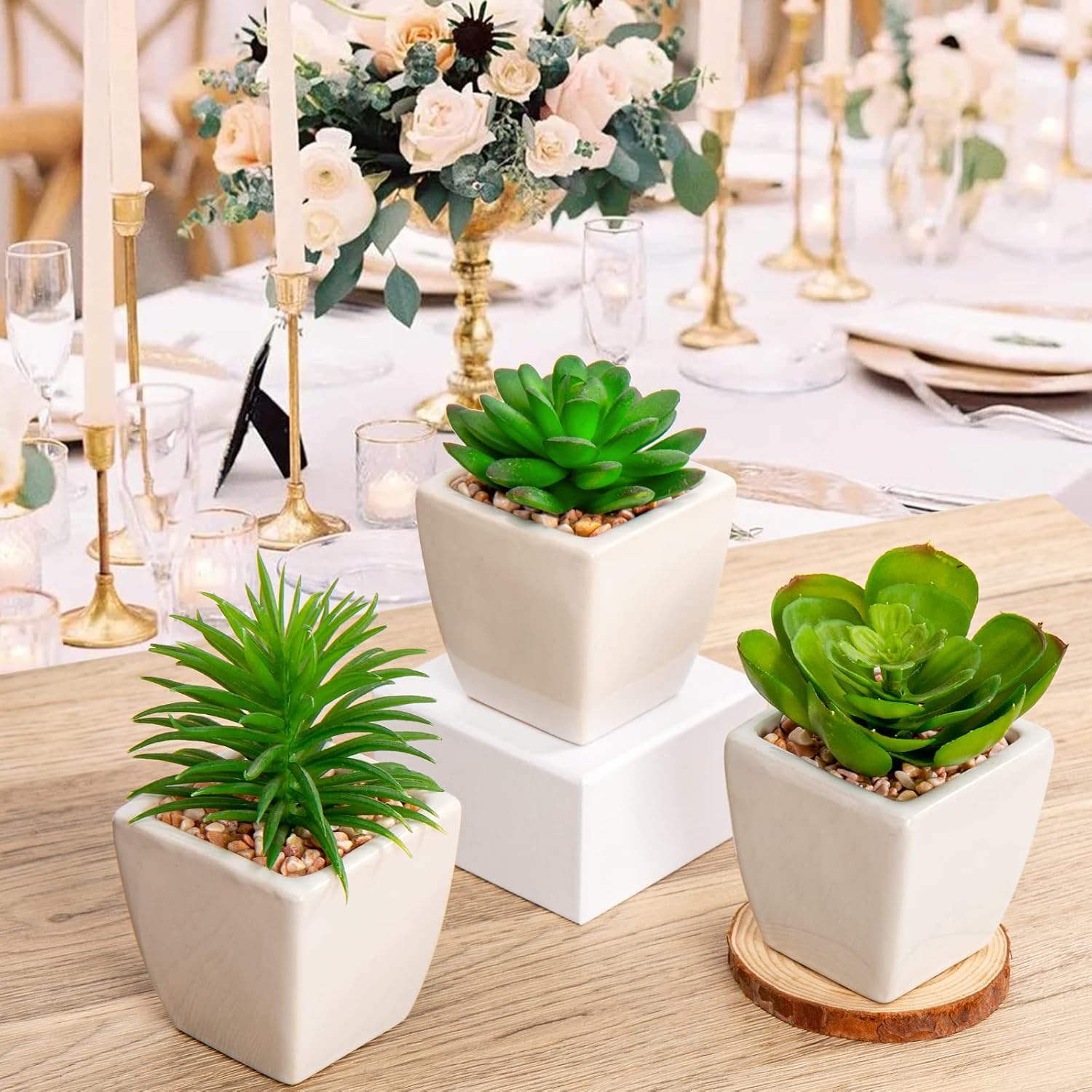 Briful 3PCS Fake Succulents for Farmhouse Tiered Tray Decor Smaller Artificial Potted Plants Faux Plants Indoor Bookshelf Decor House Plants Tabletop Decor in White Ceramic Pot