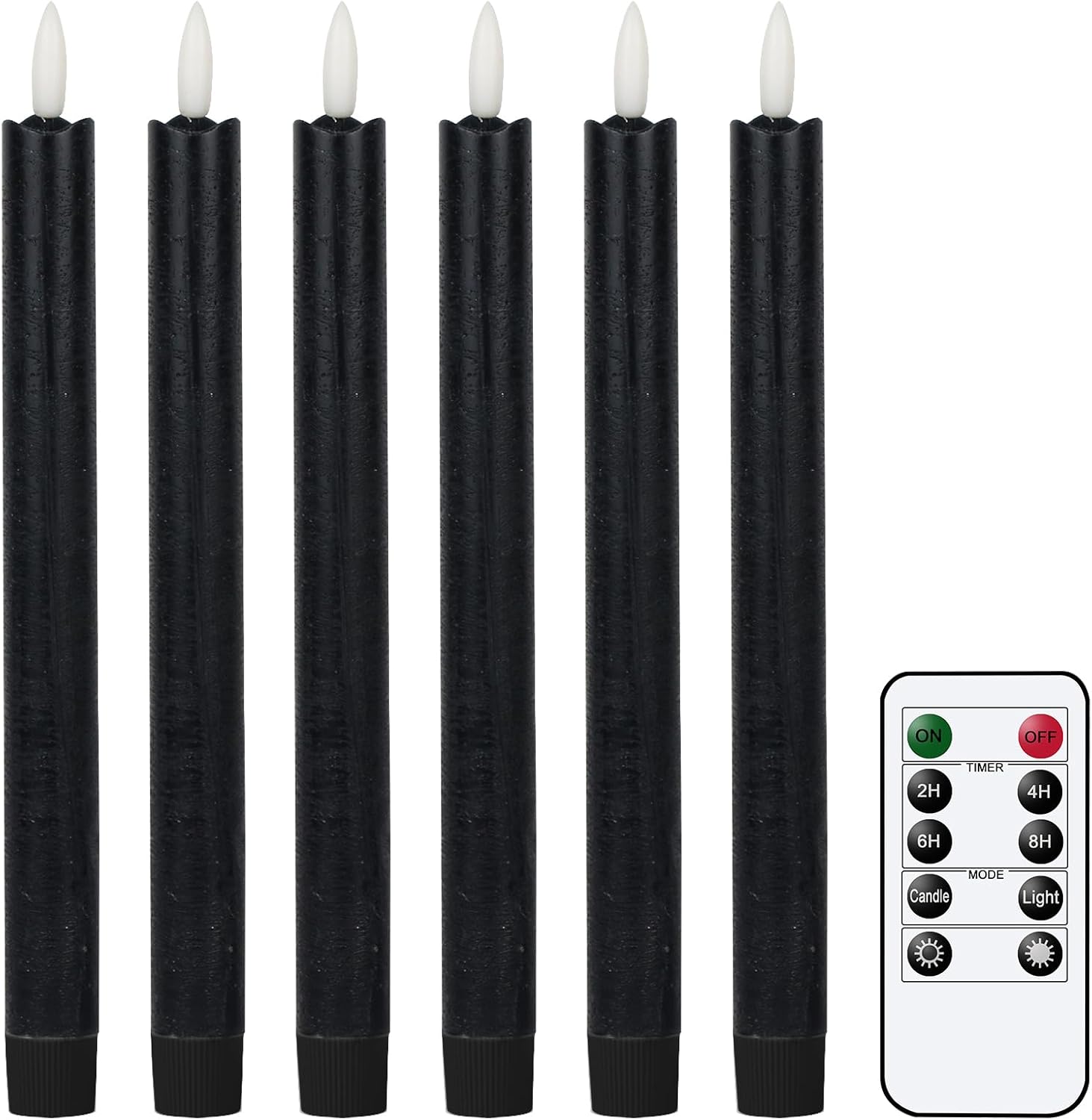 GenSwin Flameless Black Taper Candles Flickering with 10-Key Remote, Battery Operated Led Warm 3D Wick Light Window Candles Real Wax Pack of 6, Christmas Home Wedding Decor(0.78 X 9.64 Inch)