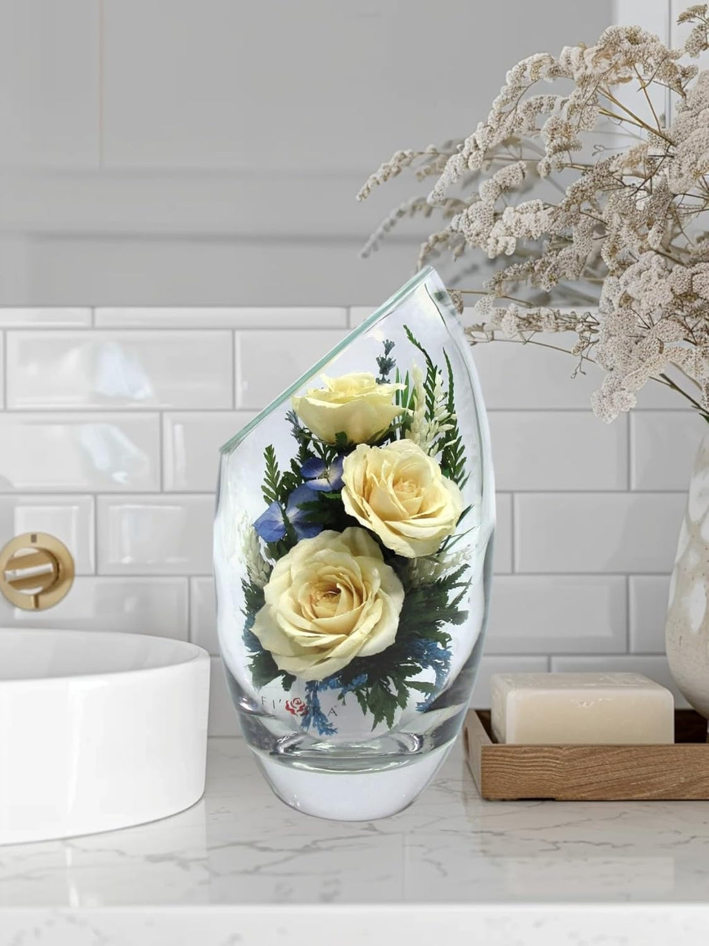 Fiora Flower | Preserved Roses & Floral Arrangement in Sealed Glass Vase | Lasts up to 5 Years | Elegant Gift for Weddings, Birthdays, and Anniversaries (Cream)