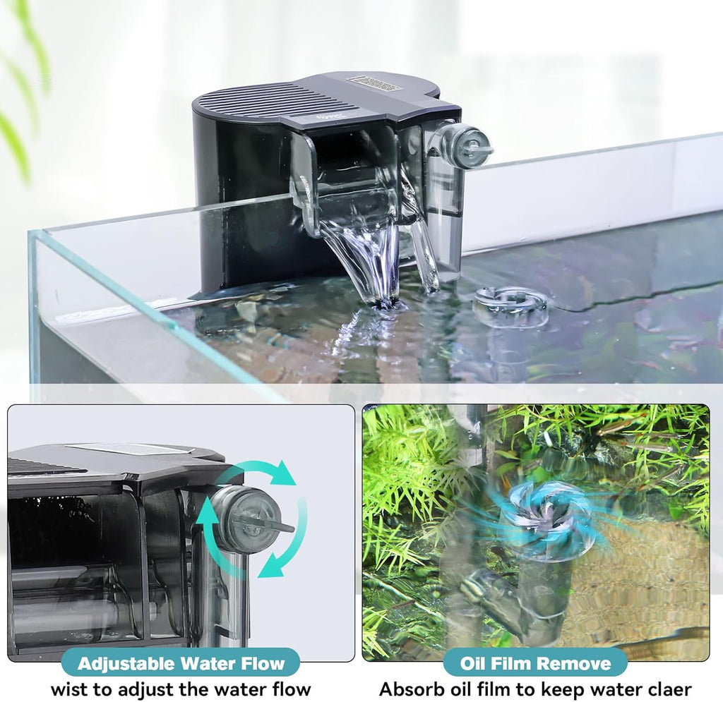 hygger Hang On Back Aquarium Filter, Small Fish Tank Filter Waterfall Filtration System, Adjustable Water Flow with Surface Skimmer, Replaceable Sponge Quiet Hanging Filter for Tank Up to 5 Gal