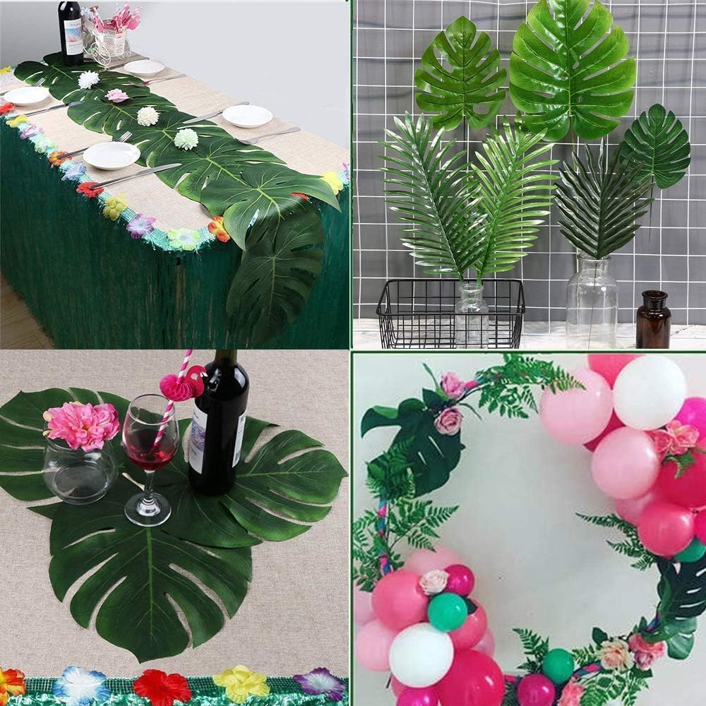 80PCS Artificial Tropical Palm Leaves Plant Imitation Leaf Fake Monstera Leaves Hawaiian Luau Jungle Safari Birthday WeddingTheme Party Table Wall Decorations,Bonus 4 Sheets/80pcs Dot Glues