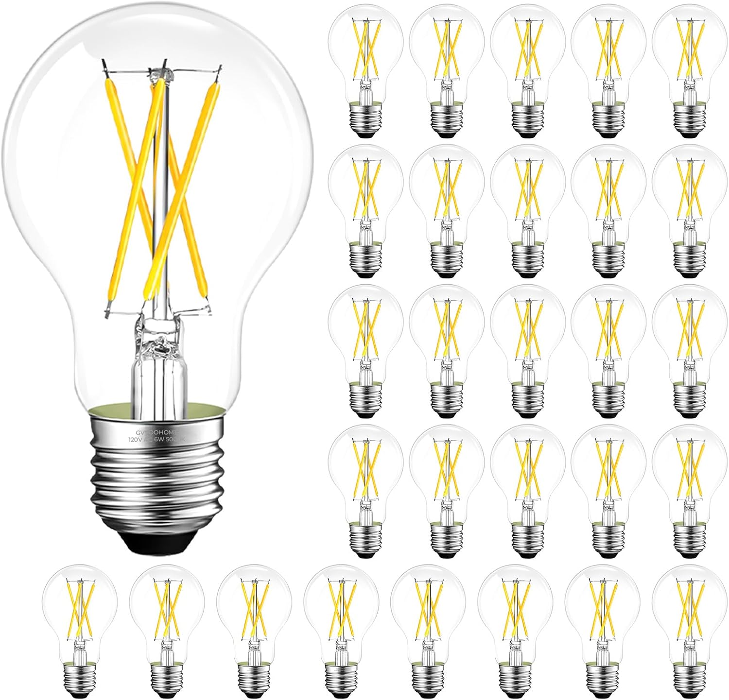 LED Edison Bulb Dimmable, 5000K Daylight, A19 Clear Glass Vintage E26 LED Bulb 6W, 60 watt Equivalent, A19 Light Bulb for Ceiling Fan, 90+CRI, 600LM, 24 Pack