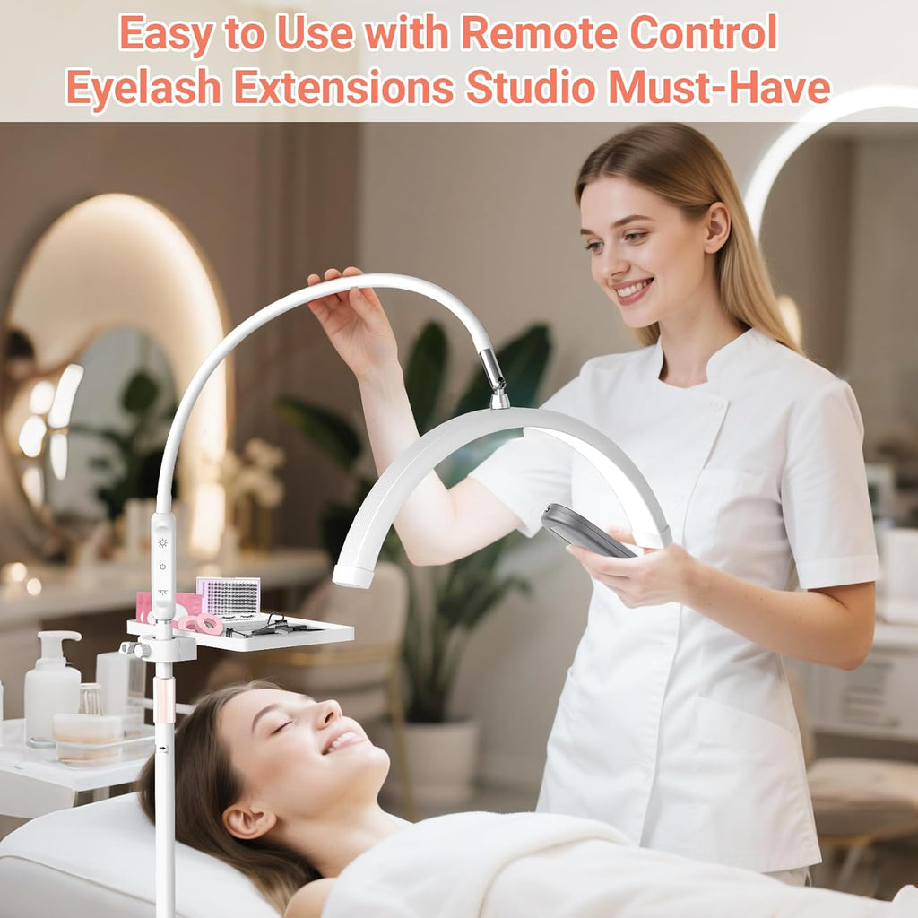 LIONVISON Half Moon Lash Light: 6500K LED Lamp Ring Light with Tray - 360° Flexible Gooseneck Durable Metal Stand - Salon Use for Lash Artists Eyelash Extensions (18In White)