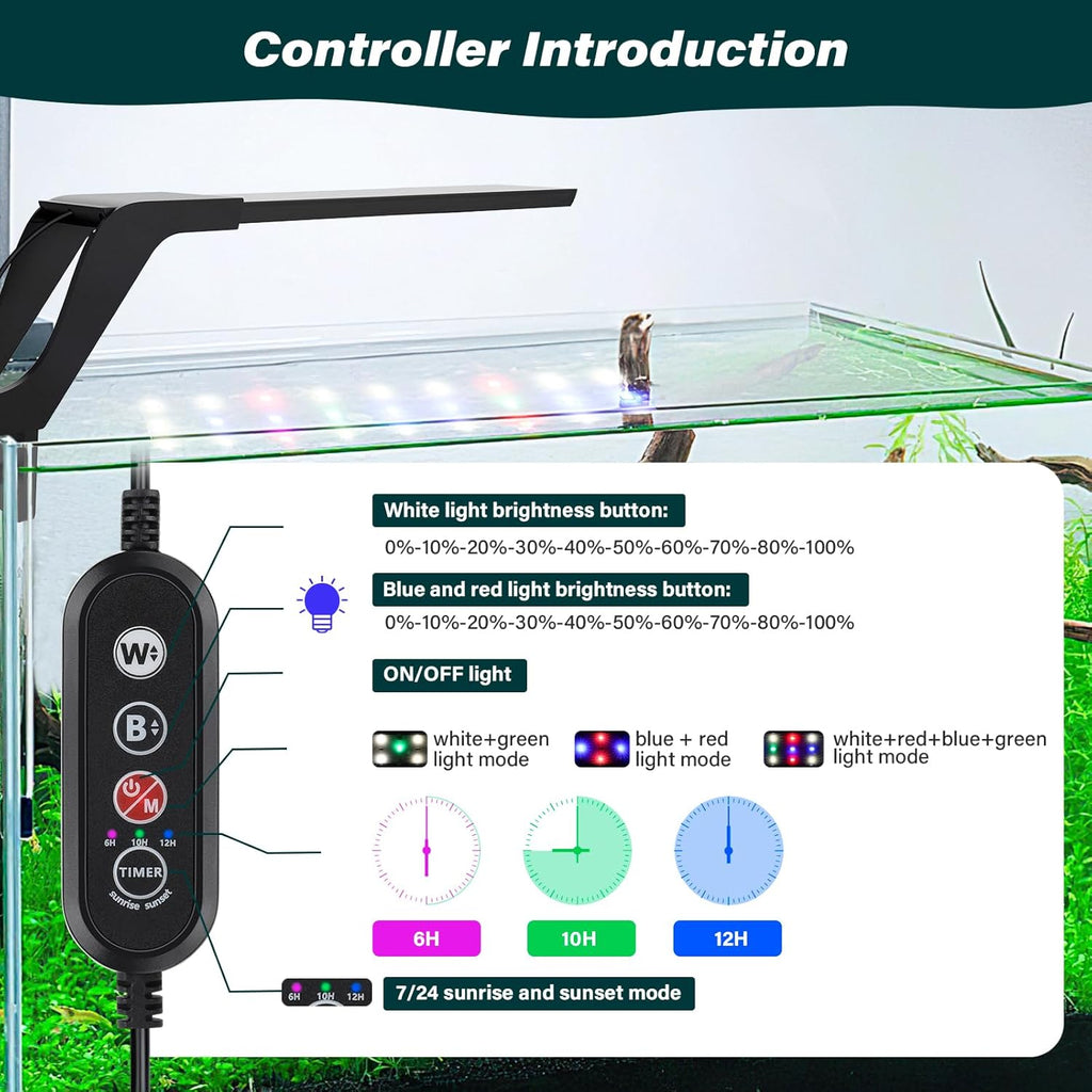 AQQA Aquarium Clip On Light,Fish Tank Full Spectrum LED Light,24/7 Sunrise Sunrise Mode+10 Adjustable Brightness Levels+Detachable Bracket+RGB LEDs + USB and Adapter,for Freshwater (14W)