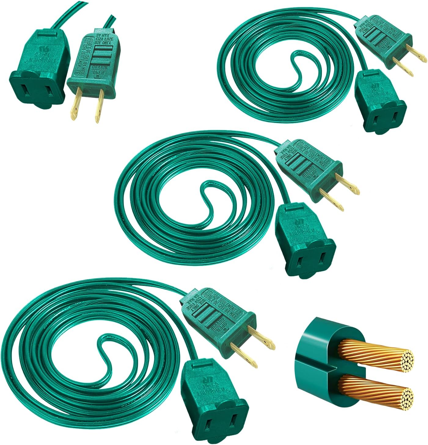 3 Pack #18 Gauge Green Extension Cord 6 Feet, Polarized Plug 2 Prong Outdoor Christmas Light Extension Cord - for Connect or Extend Indoor Outdoor Holiday Light, 120V / 8A / 960W (Total 18 Feet)