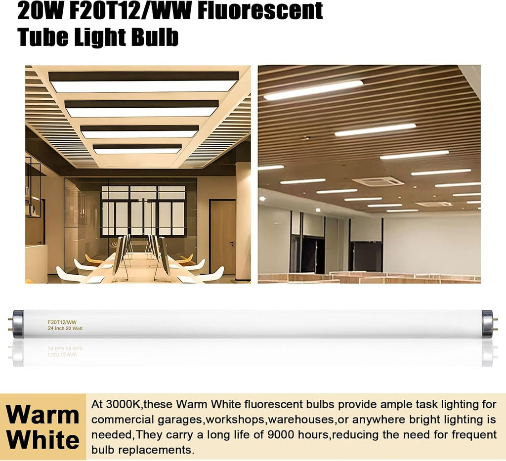 F20T12/WW 20 Watt Soft Warm White, T12 Fluorescent Tube Light Bulb 20W 24 Inch, 2Ft F20T12/DSW/RP Replacement for F20T12 F20T12KB/ECO/RVL F20T12KB/ECO F20T12/SPX30 1250Lm G13 4 Count