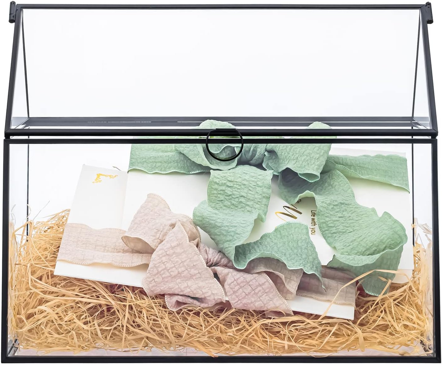 NCYP Glass Cards Box with Lid for Wedding, Birthday, Party Reception - 10.2x5.9x8.2 Inches House Shape Card Holder, Home Decor, Large Succulents Terrarium Planter, Black (Glass Box Only)