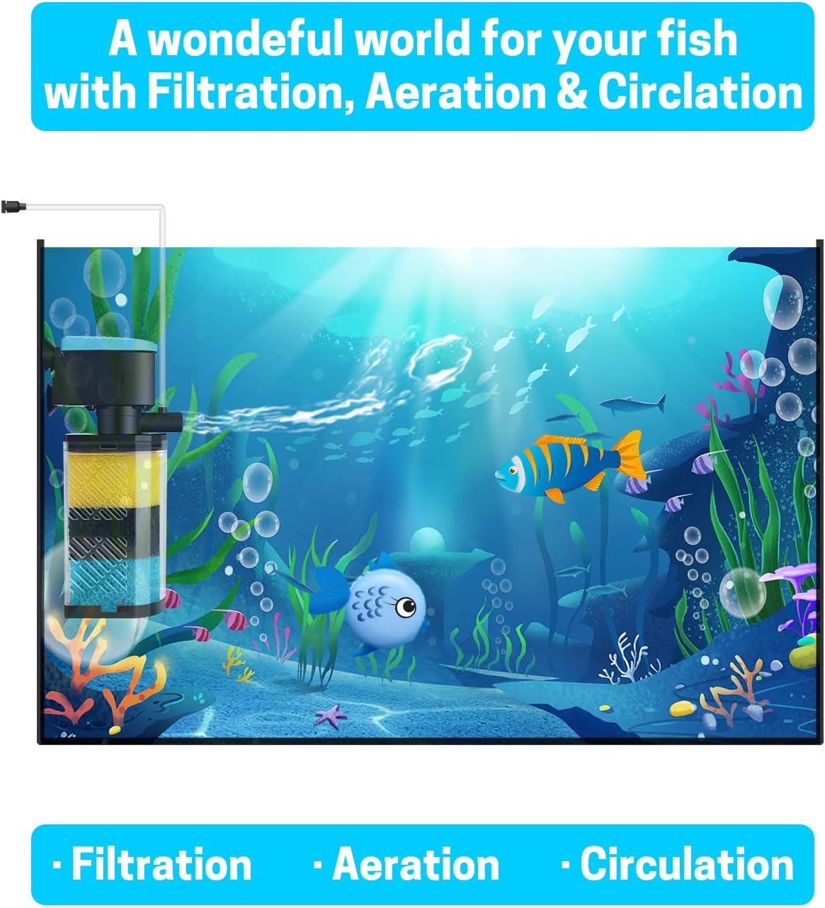 AquaMiracle Aquarium Filter 3-Stage in-Tank Filter Internal Fish Tank Filter Turtle Filter for 40-70 Gallon Fish Tanks with Dual Water Outlet & Aeration