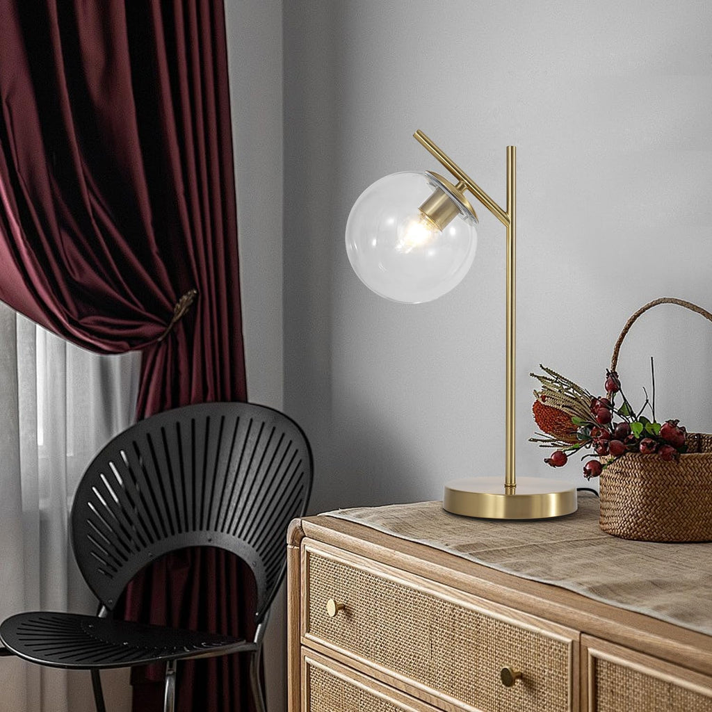 Mid Century Modern Table Lamp, Contemporary Metal Brass Bedside Lamps with Clear Glass lampshade, Gold Globe Nightstand Lamp for Bedroom Living Room Study Room