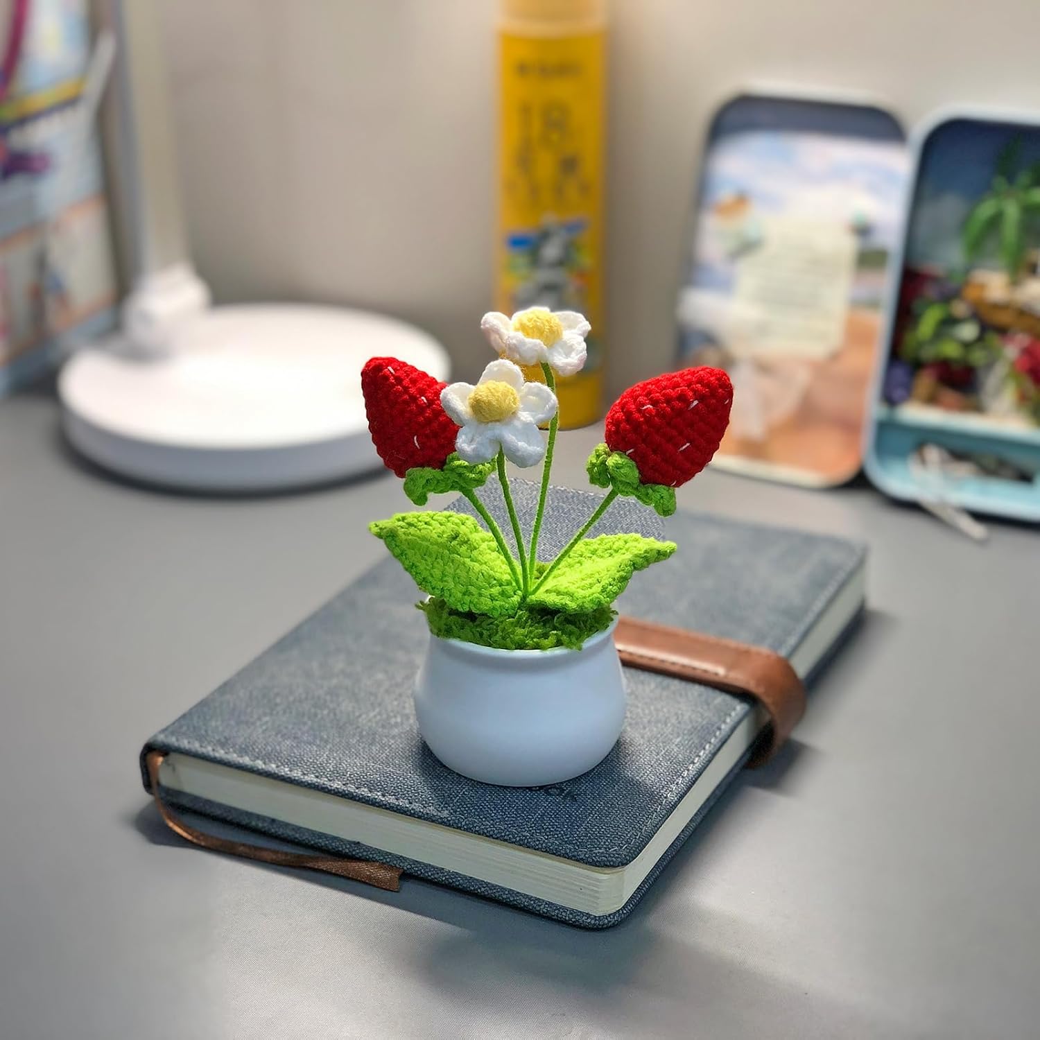 Crochet Flowers Cute Little Potted Flower, Gift for Birthday, Teacher’s Day, Graduation, Anniversary, Christmas, Decor for Car Dashboard,Home Office Decoration (Strawberry)