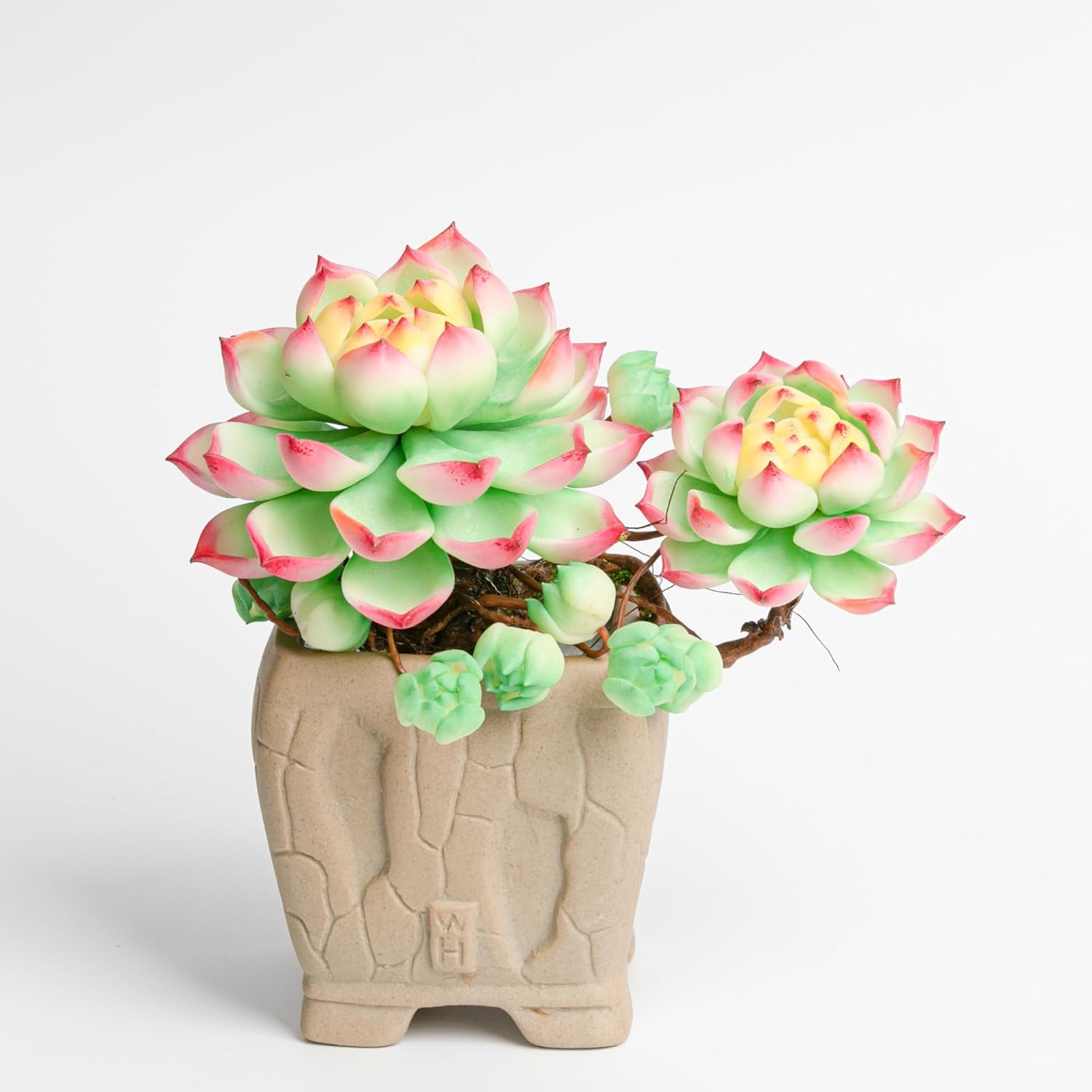 Galagaga Handcrafted Artificial Succulent Plant in Textured Ceramic Pot, Pink and Mint Green Clay Flowers, Maintenance-Free Home Decor (1, shape7)