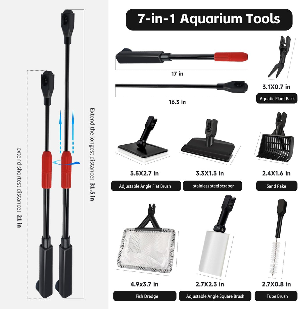 Aquarium Cleaning Tools, 7 in 1 Fish Tank Cleaning Kit with Adjustable Long Handle,Aquarium Sponge Brush, Scraper Cleaner,Fish Net,Tube Brush,Fork,Gravel Rake for Fish Tank Cleaner