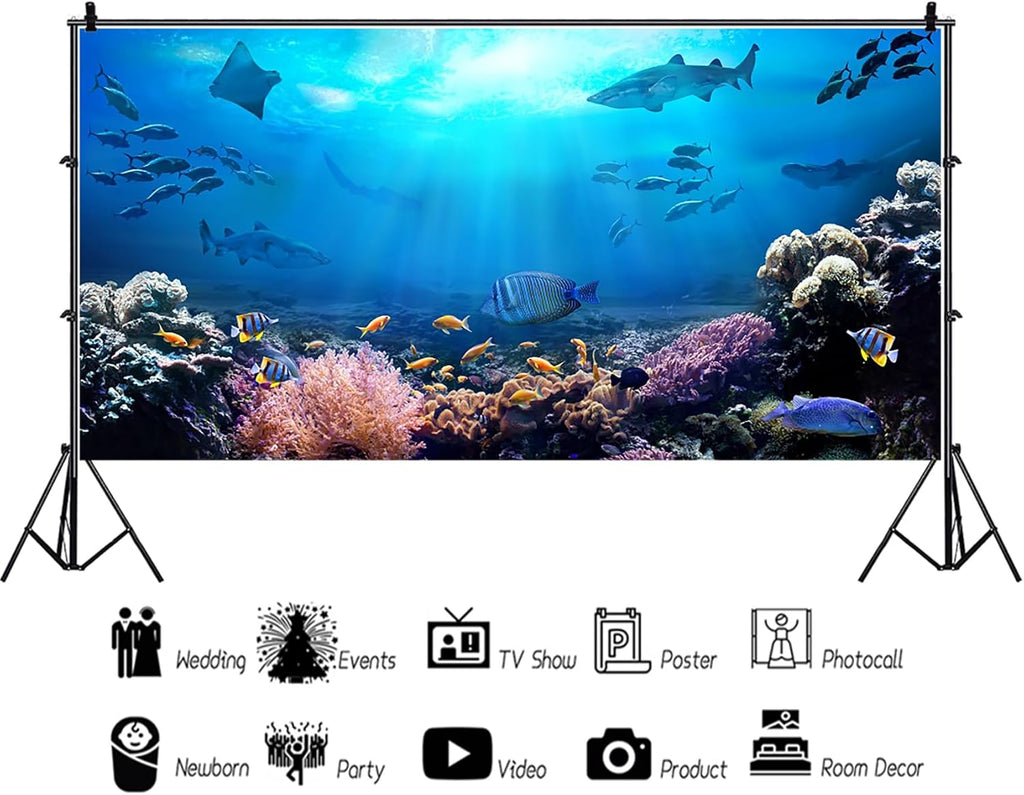 AOFOTO 8x4ft Underwater World Backdrop for Photography Aquarium Seabed Rocks Lights Coral and Fishes Tropical Ocean Scene Under The Sea Background Kids Party Decoration Banner Photobooth Props