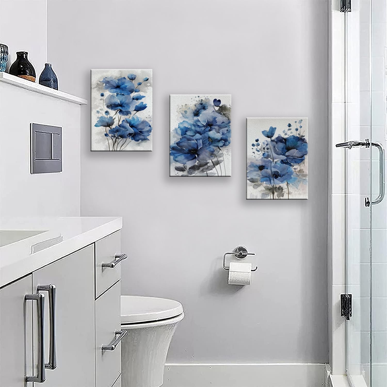 Blue Flowers Canvas Wall Art for Bedroom Home Decor - Artwork for Wall, Abstract Floral Wall Decor Print -Bathroom, Living Room, Kitchen Decor - Ready to Hang 3 Patchwork, 12x16inchx3pcs