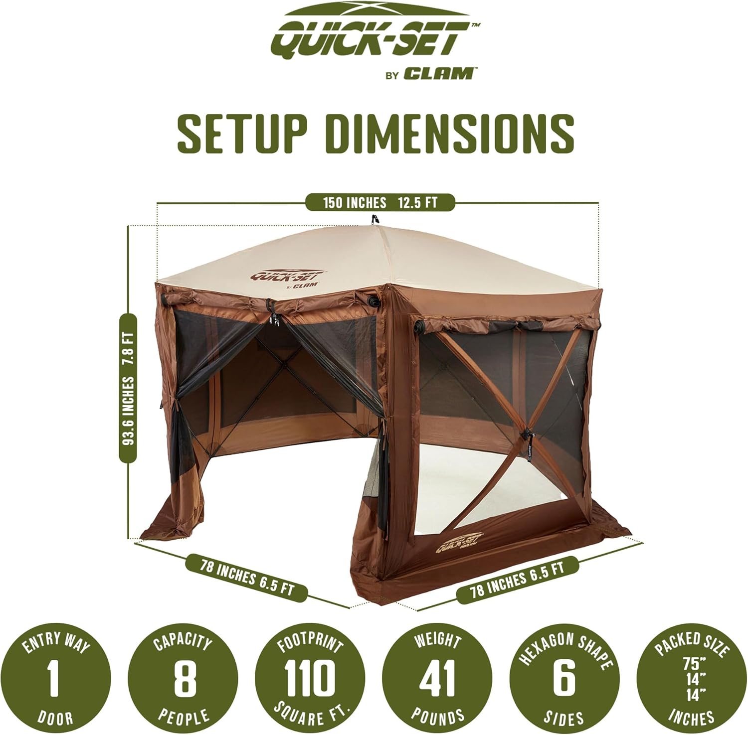 CLAM Pop Up Screen Tent, Large Outdoor Camping Gazebo Canopy, Pavilion, 12.5', Brown - Foldable and Portable Screened Shelter with Netting for Beach, Patio, and Backyard