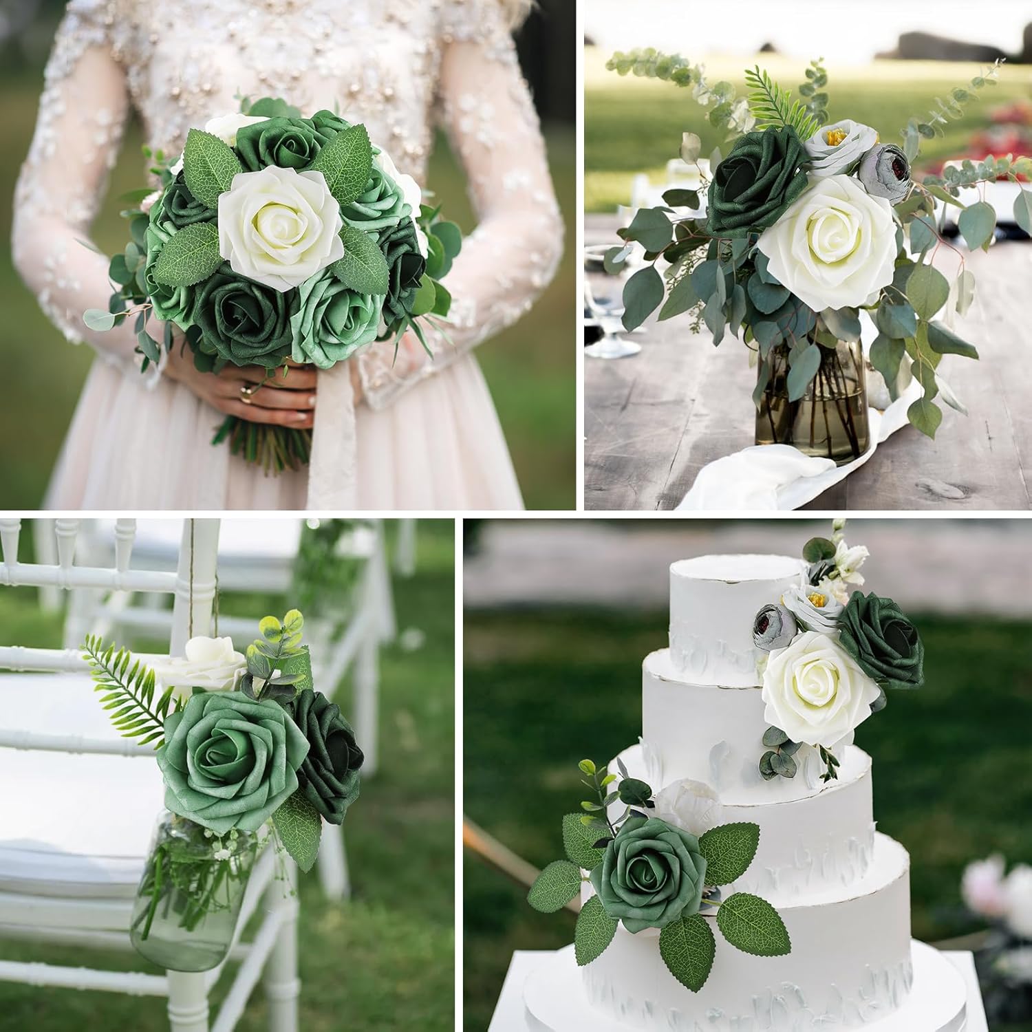 AmyHomie 25pcs Real Looking Artificial Shades of Forest Roses w/Stem for DIY Wedding Bouquets Centerpieces Arrangements Party Baby Shower Valentines Day Christmas Tree Decorations