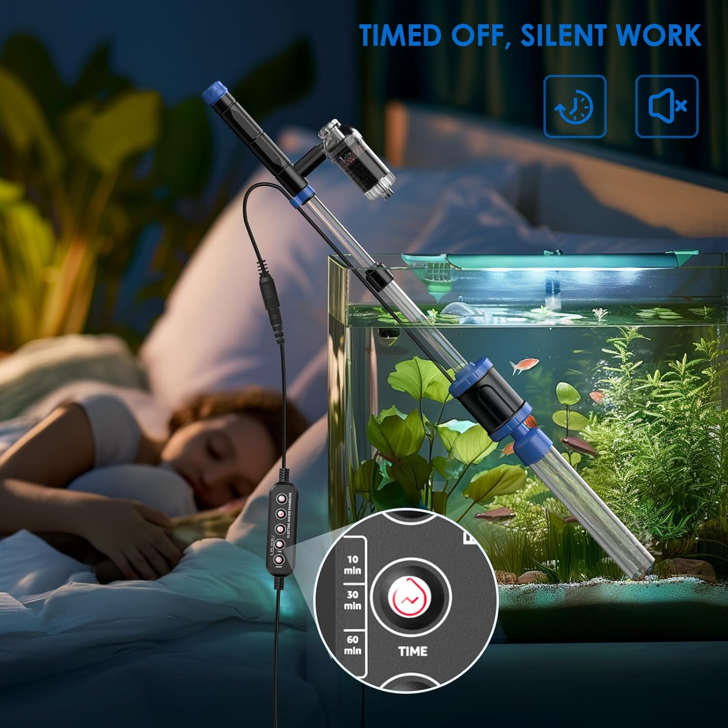Electric Aquarium Vacuum Gravel Cleaner: 36W Fish Tank Cleaner Vacuum with Strong Suction for Water Change Wash Sand Algae Cleaner Water Shower and Water Circulation, Timed Off