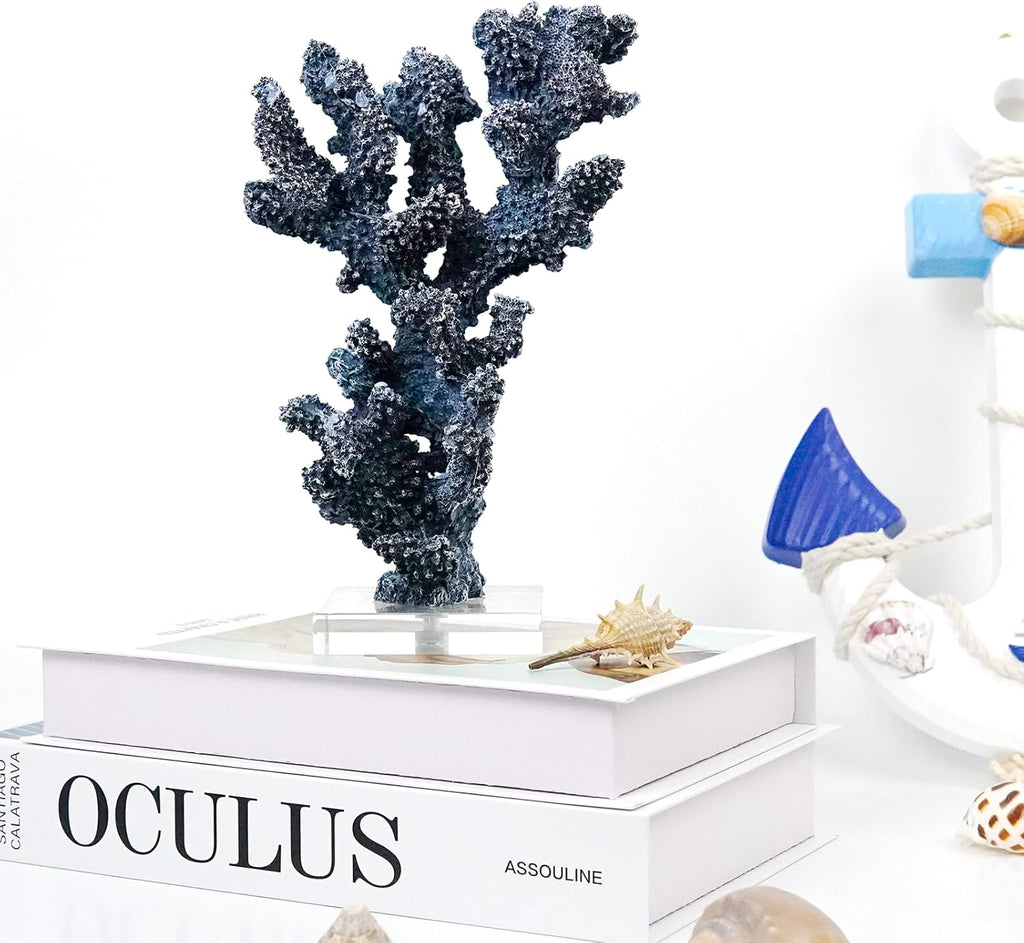 Coral Beach Decor, 9.5'' High x 5.2'' Width Artificial Resin Coral Reef Statue for Ocean Coastal Beach Nautical Themed Room Bathroom Decor for Home,RB1002B,Blue