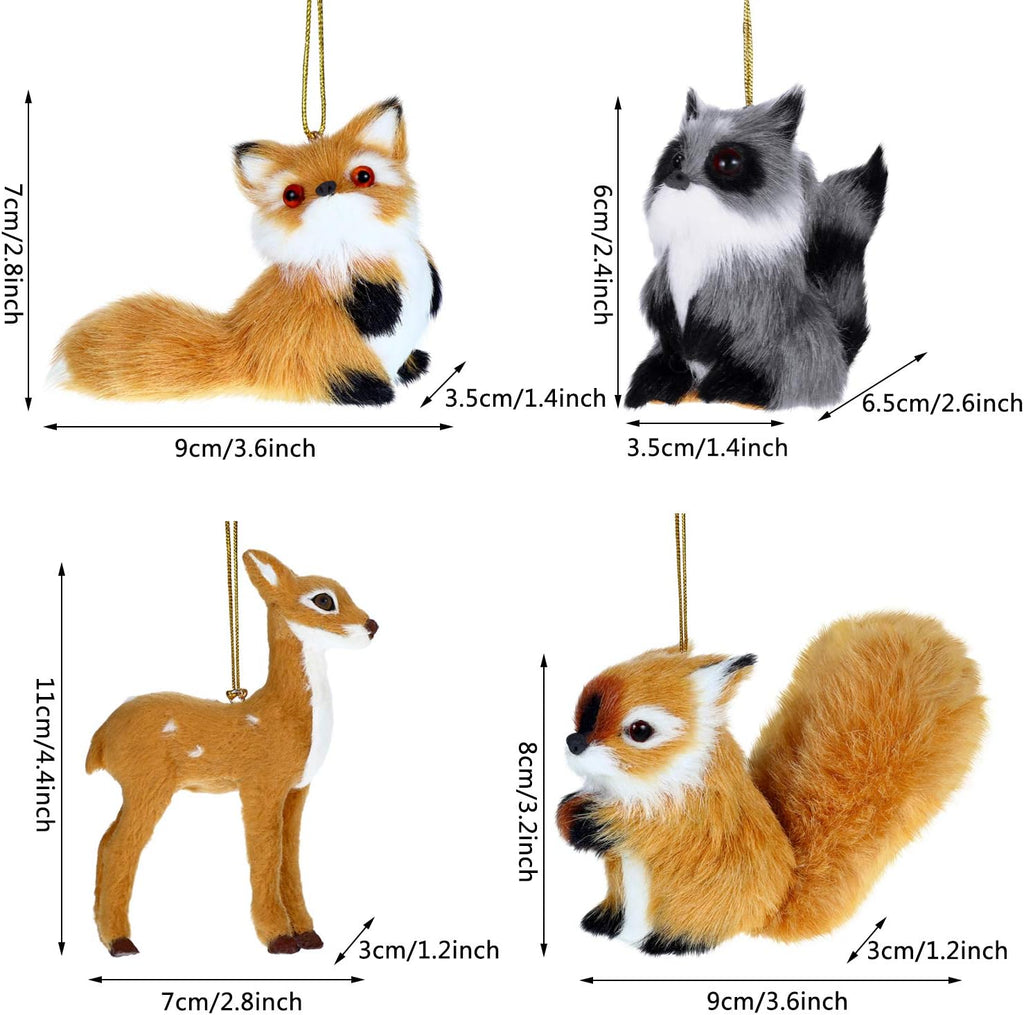 Gejoy 4 Pieces Woodland Animal Christmas Ornaments Furry Fur Plush Animal Forest Animal Tree Hanging Ornament Holiday Animal Christmas Tree Decoration for Christmas Supplies