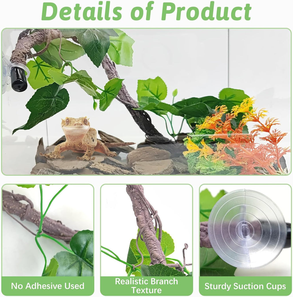 VCEPJH Reptile Climbing Branch Decor 2 Pcs Bendable Jungle Vine with Suction Cup Terrarium Plant Decoration for Gecko Bearded Dragons, Snake,Frogs, Chameleons Cage Accessories (U)