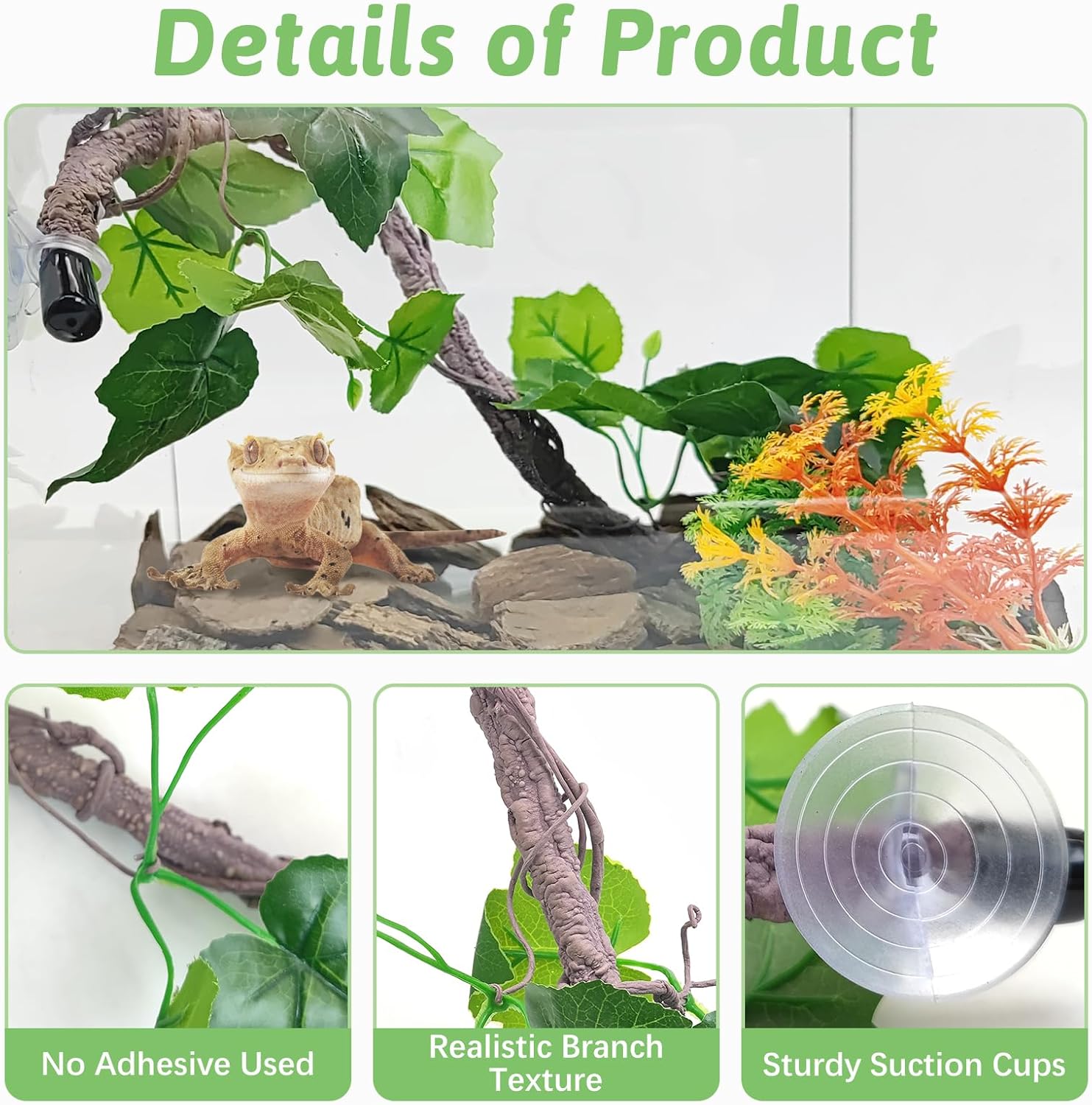 VCEPJH Reptile Climbing Branch Decor 2 Pcs Bendable Jungle Vine with Suction Cup Terrarium Plant Decoration for Gecko Bearded Dragons, Snake,Frogs, Chameleons Cage Accessories (U)