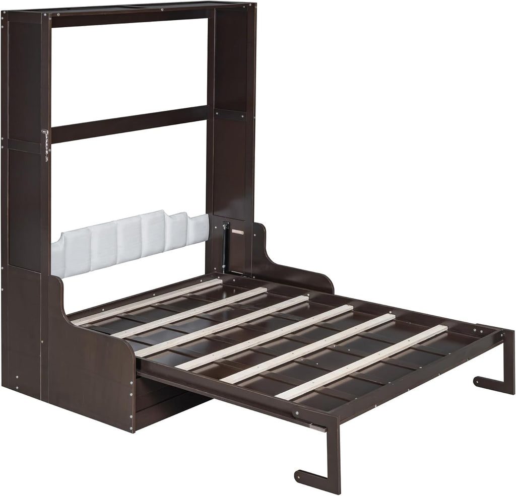Merax Queen Size Murphy Bed Frame, Modern Wall Bed Can Be Folded into Cabinet, Chair with Cushion, Espresso