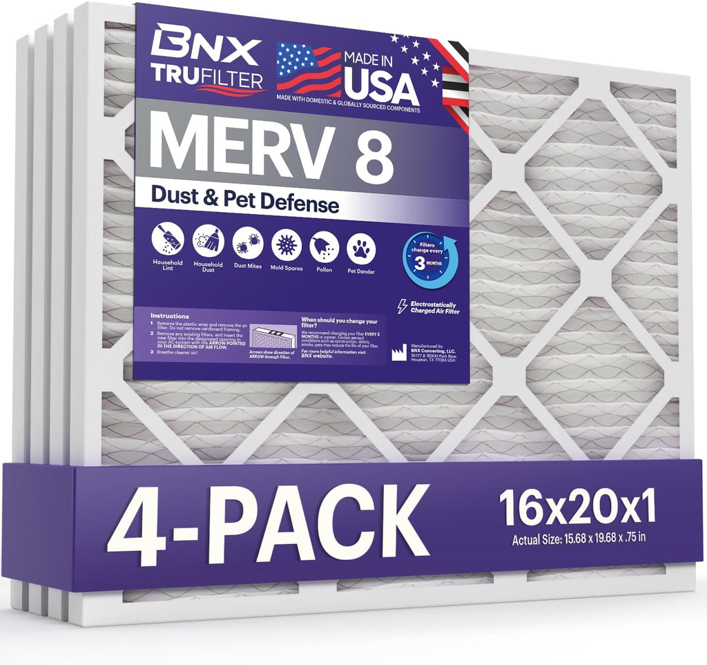 BNX TruFilter 16x20x1 Air Filter MERV 8 (4 Pack) - MADE IN USA – Dust & Pet Defense Electrostatic Pleated Air Conditioner HVAC AC Furnace Filters for Dust, Pet, Mold, Pollen MPR 600 – 700 & FPR 5