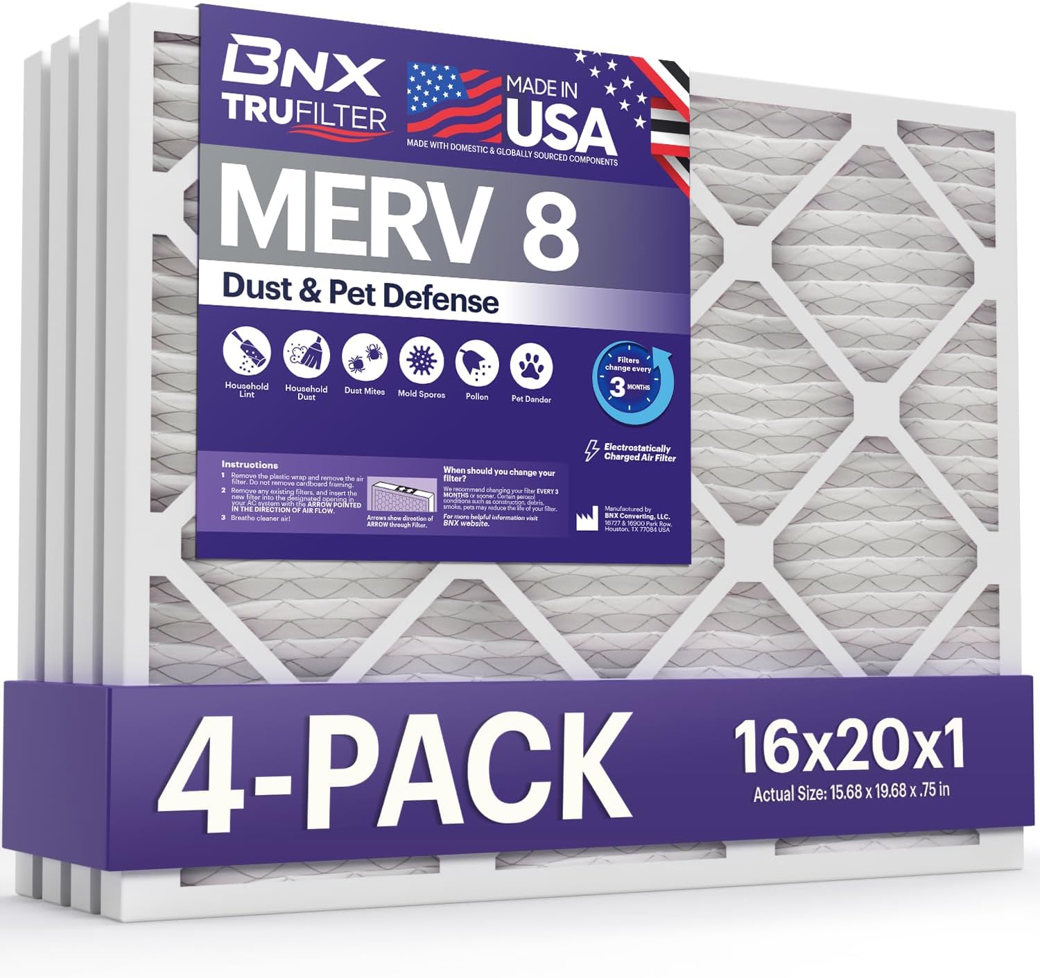 BNX TruFilter 16x20x1 Air Filter MERV 8 (4 Pack) - MADE IN USA – Dust & Pet Defense Electrostatic Pleated Air Conditioner HVAC AC Furnace Filters for Dust, Pet, Mold, Pollen MPR 600 – 700 & FPR 5